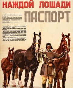 Affiche de propagande vintage originale : passeport équestre, étalon, élevage de chevaux, URSS