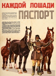 Affiche de propagande vintage originale : passeport équestre, étalon, élevage de chevaux, URSS