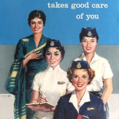 Original Vintage Airline Travel Poster BOAC Stewardess India Hong Kong Japan