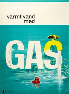 Original Vintage Advertising Poster Gas Hot Water Bath Rubber Duck Danish Design