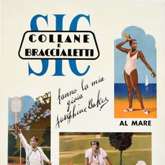 Affiche publicitaire vintage originale : Joséphine Baker, bijoux, tennis, Italie