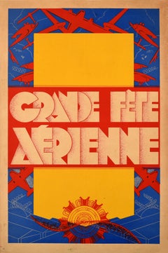 Original Antique Aviation Poster Airplane Festival Art Deco France Fete Aerienne