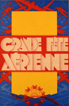 Original Antique Aviation Poster Airplane Festival Art Deco France Fete Aerienne