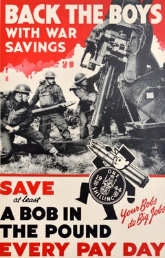 Original Vintage War Poster Back The Boys War Savings Anti Aircraft Gun WWII