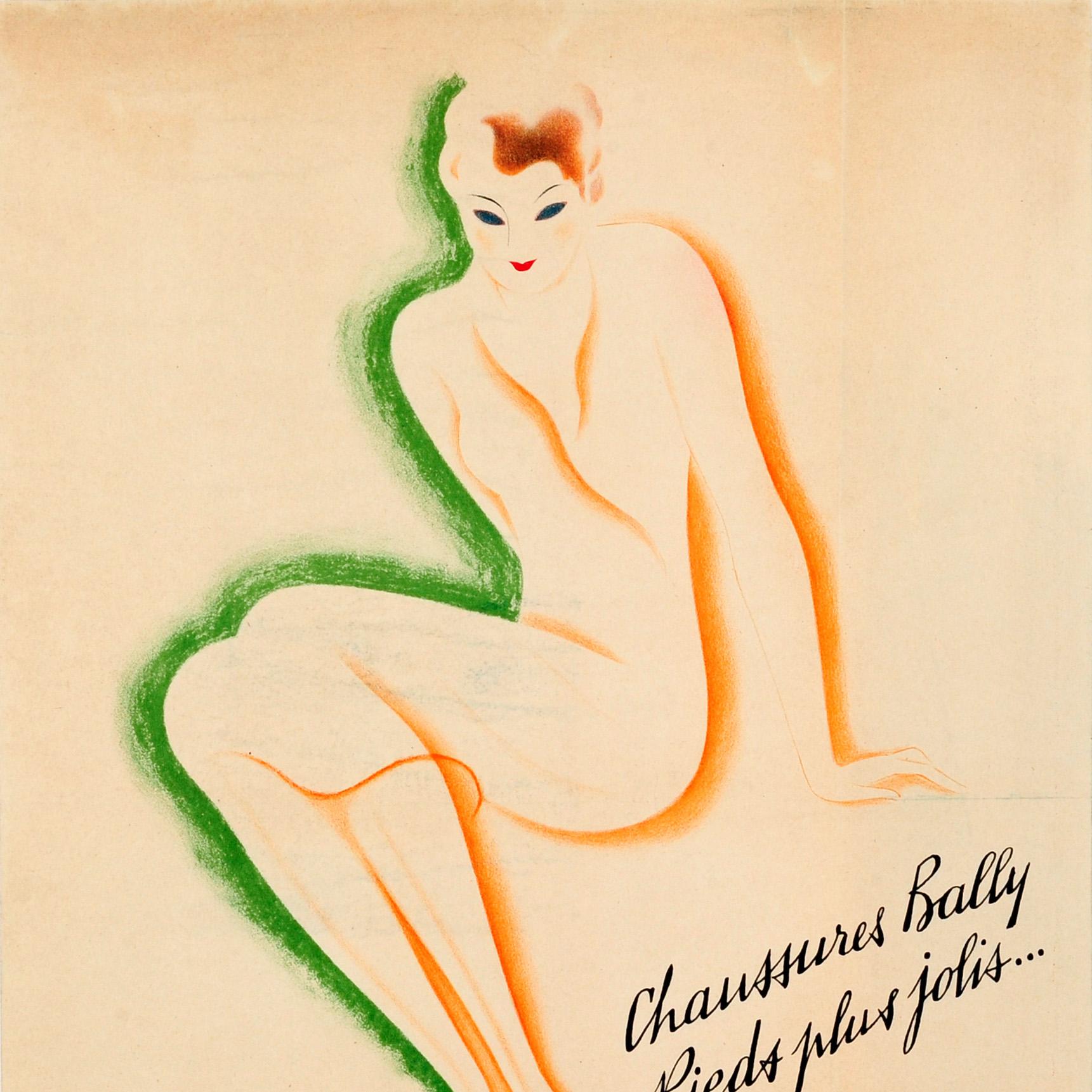 Original vintage advertising poster for the French shoe brand, Bally Shoes, Prettier Feet / Chaussures Bally, Pieds plus jolis. Great Art Deco design featuring a stylised image of an elegant lady wearing fashionable black Bally shoes with the text
