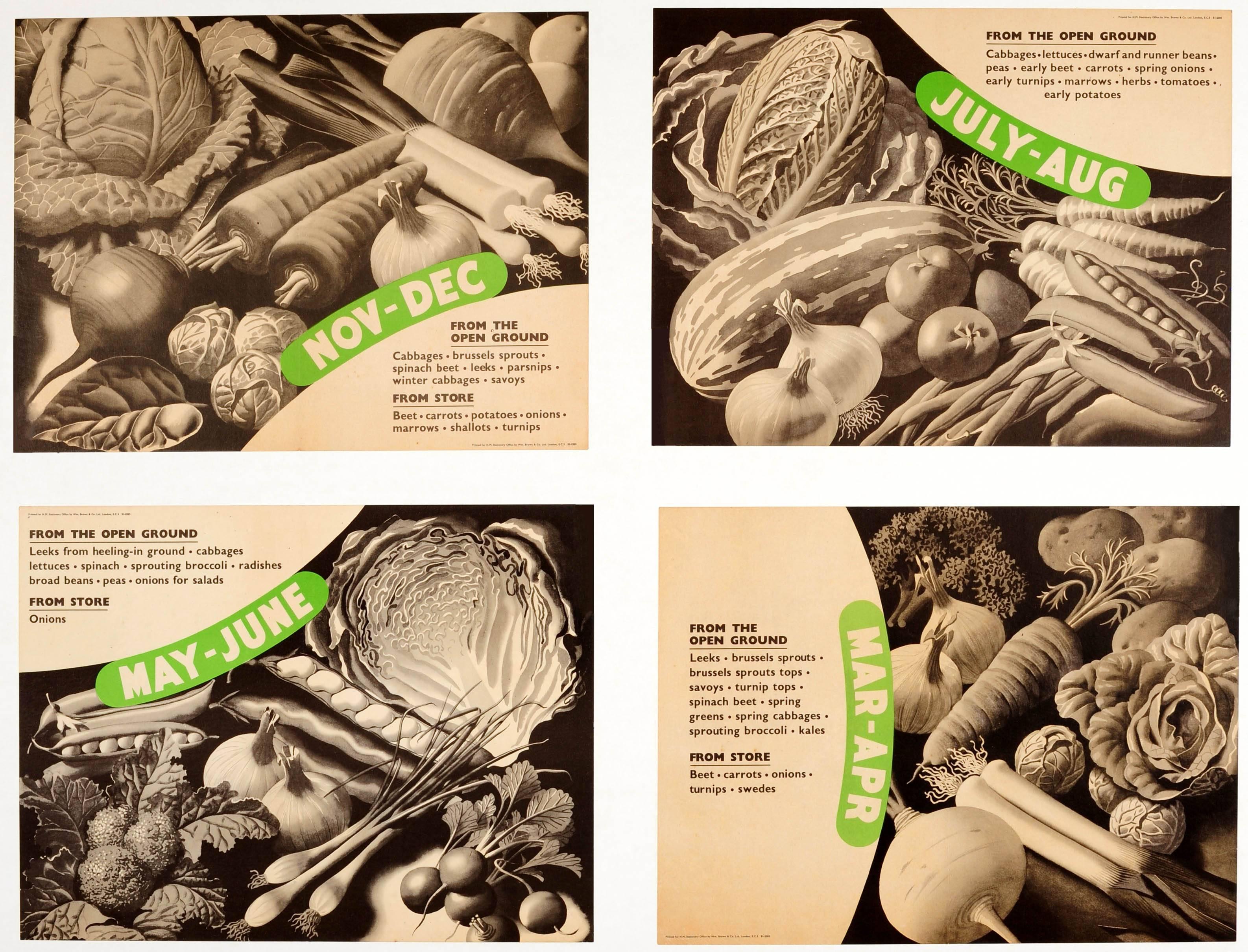 Britannico Set di sei manifesti gastronomici originali della Seconda Guerra Mondiale - Verdure dal terreno aperto in vendita