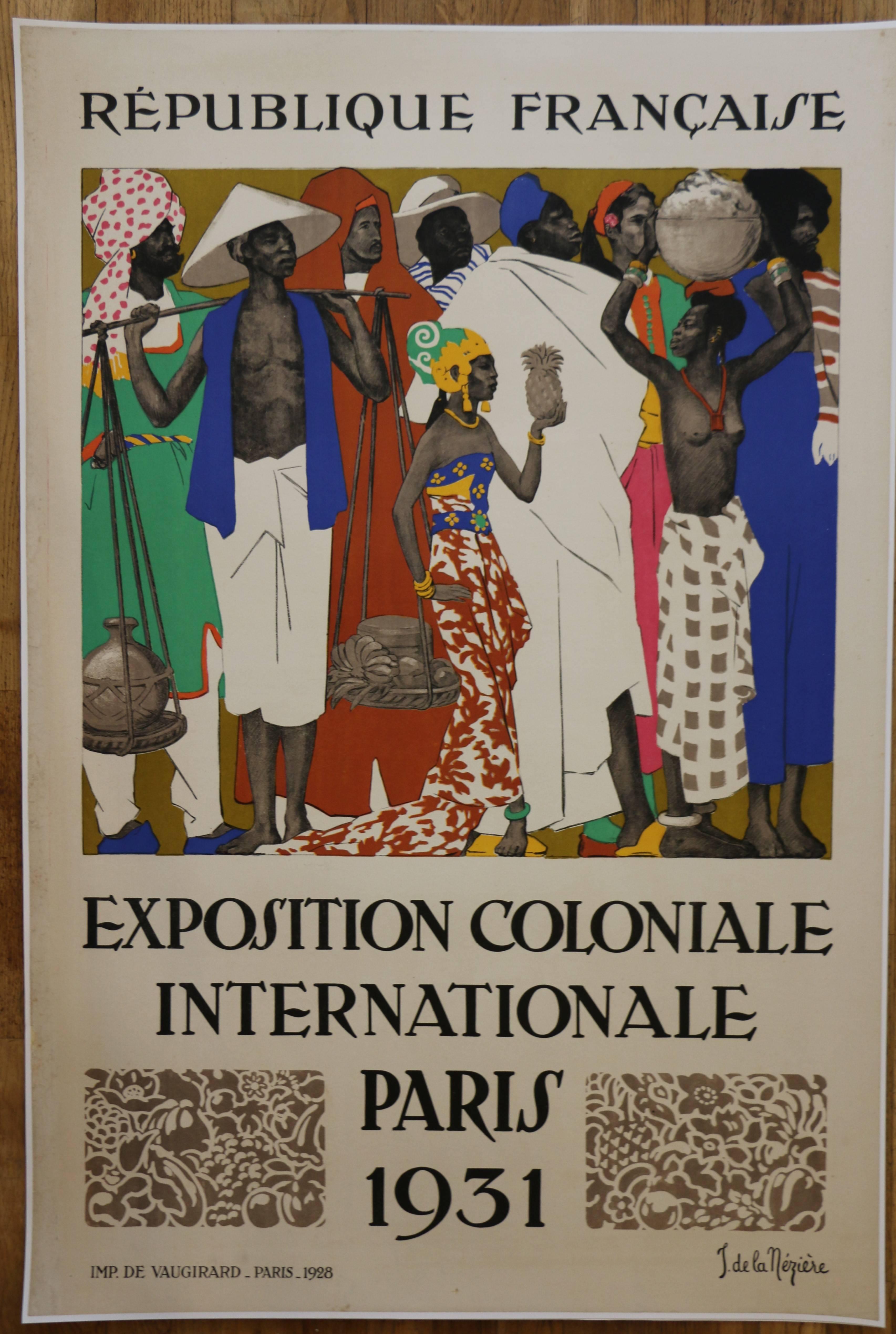 Mid-20th Century Rare Lithographic Poster by De La Mézière for the 1931 Paris Colonial Exhibition For Sale