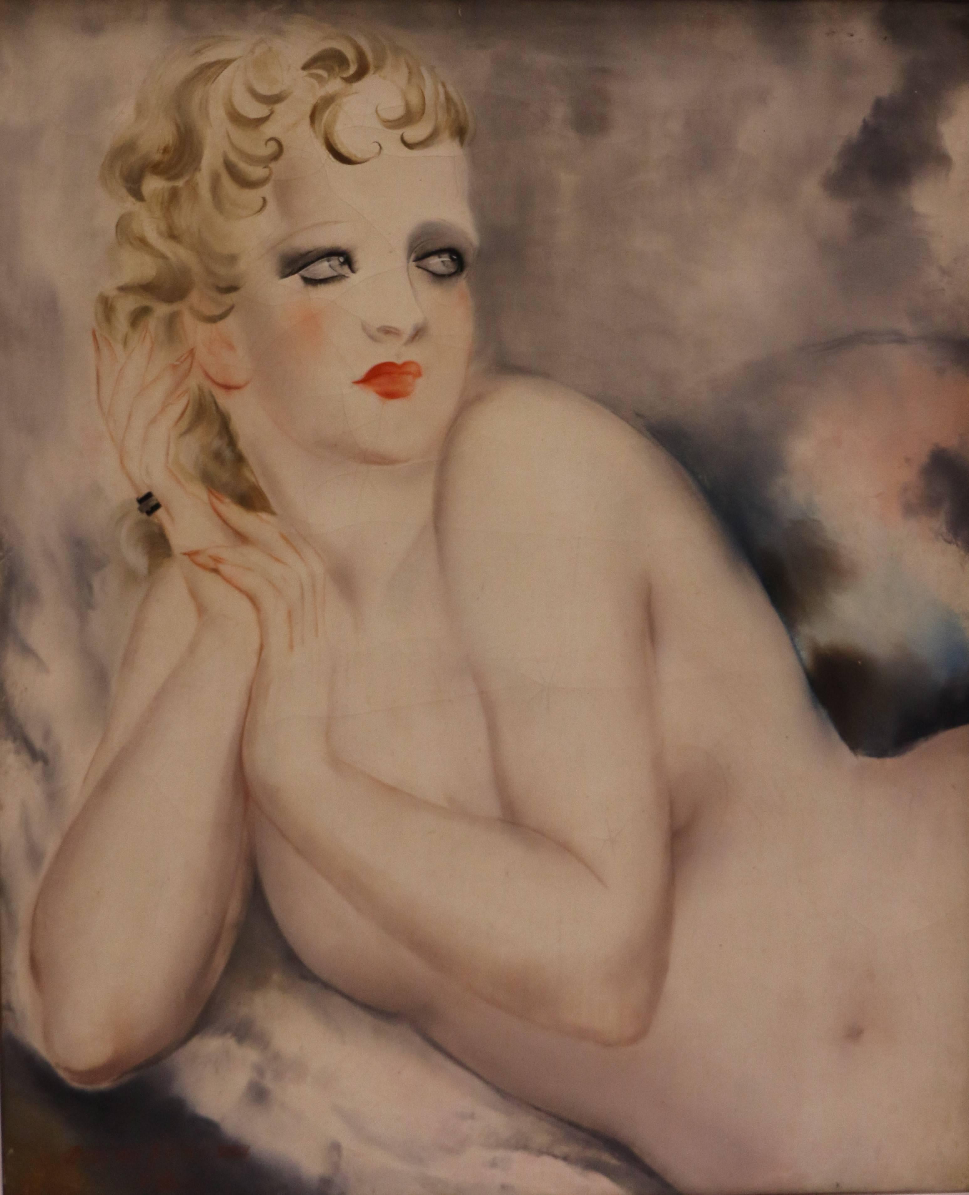 Magnifique nu féminin allongé de Mikao Kono (1900-1979).
Huile sur papier collé sur toile.
Signé et daté XXXIII (33) en rouge en bas à gauche.
Dimension : 46 x 38cm (sans cadre), 52 x 44cm (avec cadre)

Miçao Kono était un artiste japonais qui