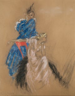 Two Ladies by Louis Icart, Pastel and Charcoal Drawing, 1930s