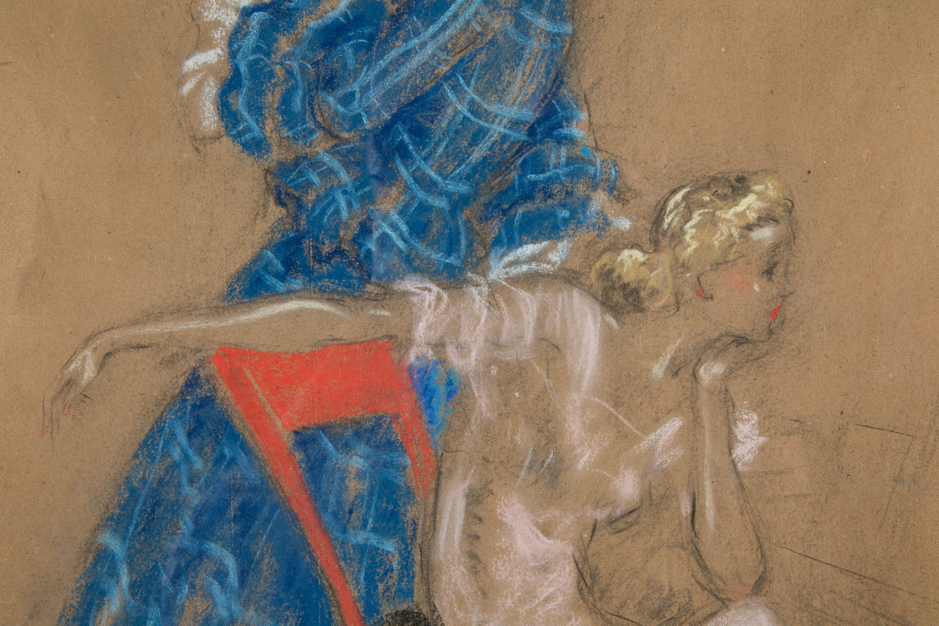 Painted Two Ladies by Louis Icart, Pastel and Charcoal Drawing, 1930s