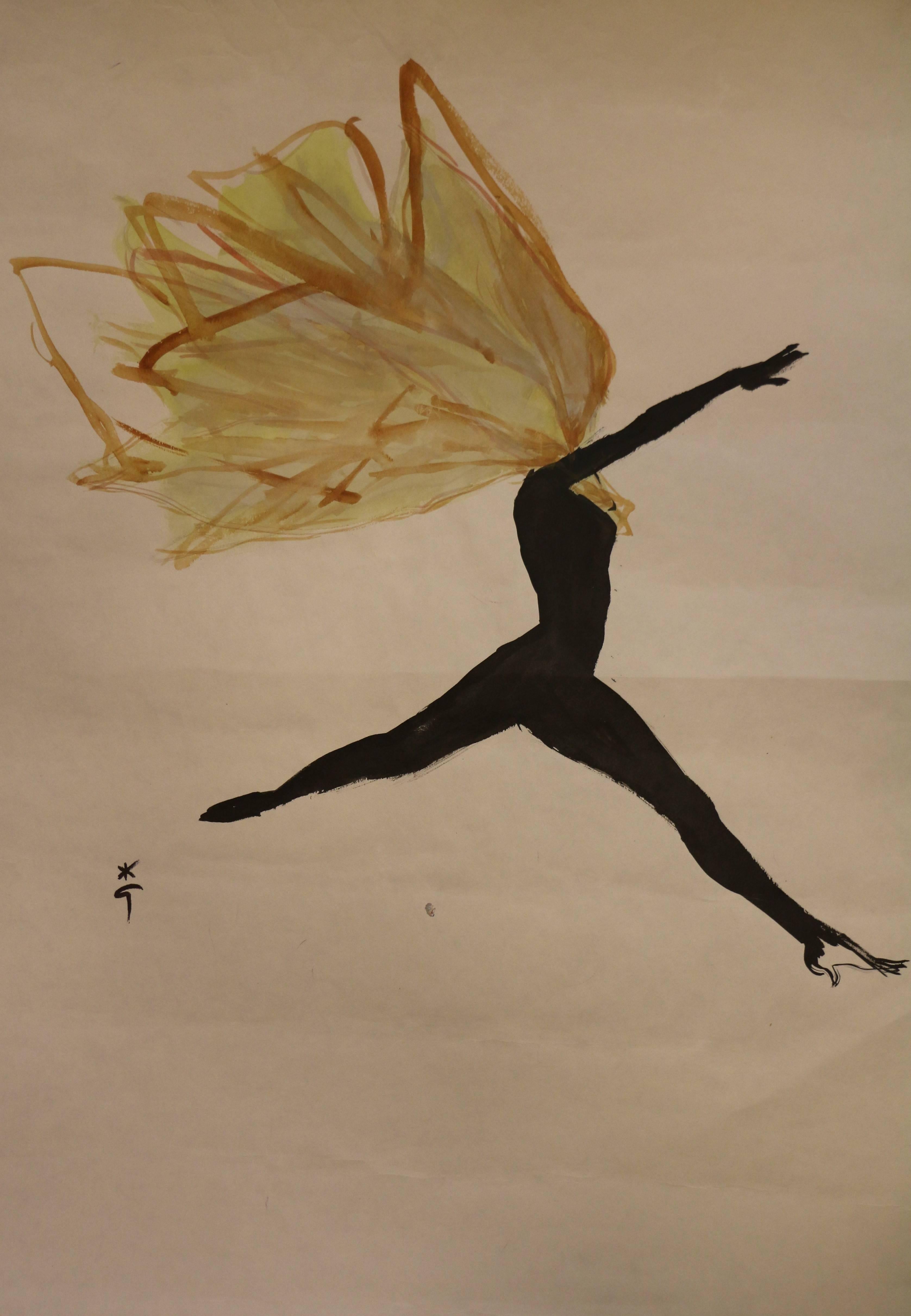 Drawing by René Gruau (1909-2004) showing a dancer, circa 1950.

Ink and watercolor on paper. 

Signed bottom left. 

Dimensions:
without frame: 64 x 48 cm
with frame: 86 x 70 cm.