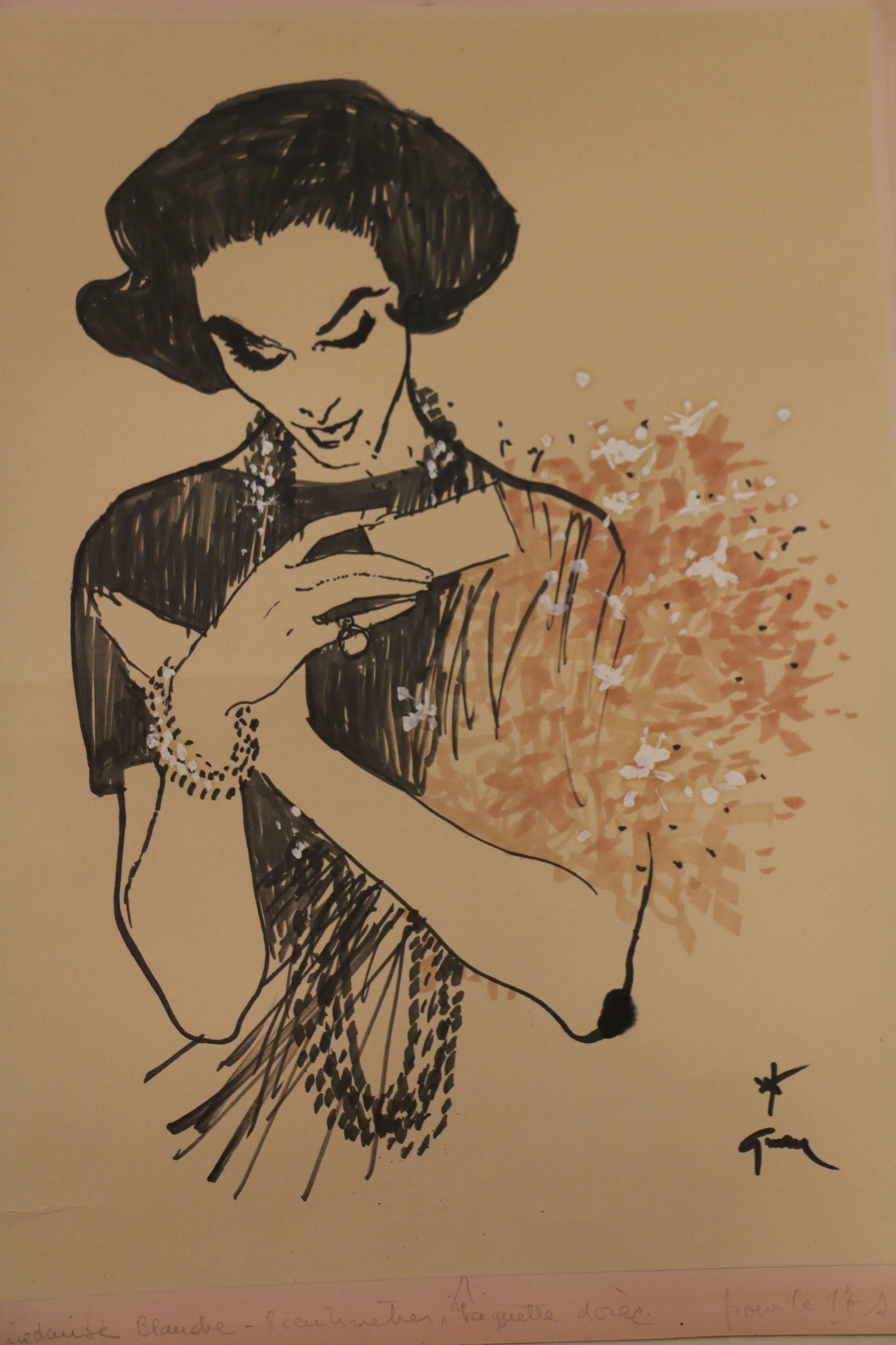 Drawing by René Gruau (1909-2004) showing a lady receiving a bunch of flowers. Ink and watercolor on paper. Signed bottom right.
The drawing is annotated 