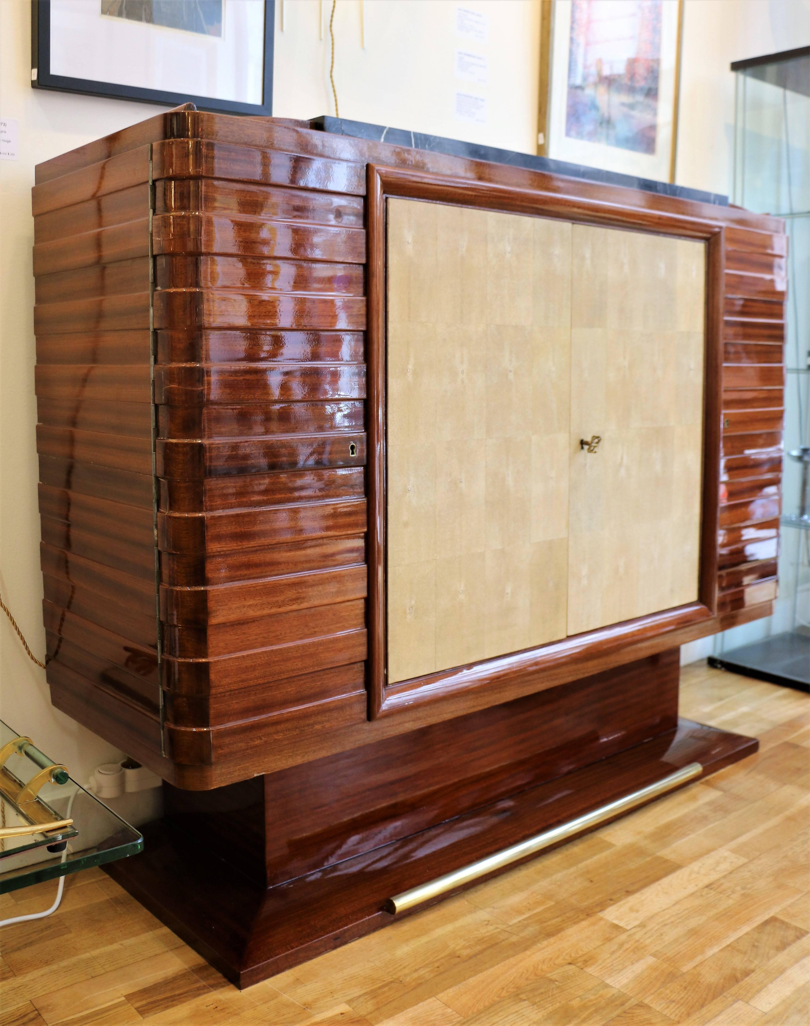 Mahogany Sideboard with Shagreen by Gaston Poisson, France, Art Deco, 1930s In Good Condition In Paris, FR