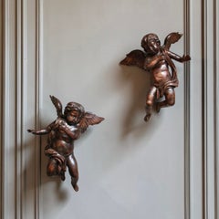 Pair of German Baroque Carved Wooden Putti Germany, 18th Century