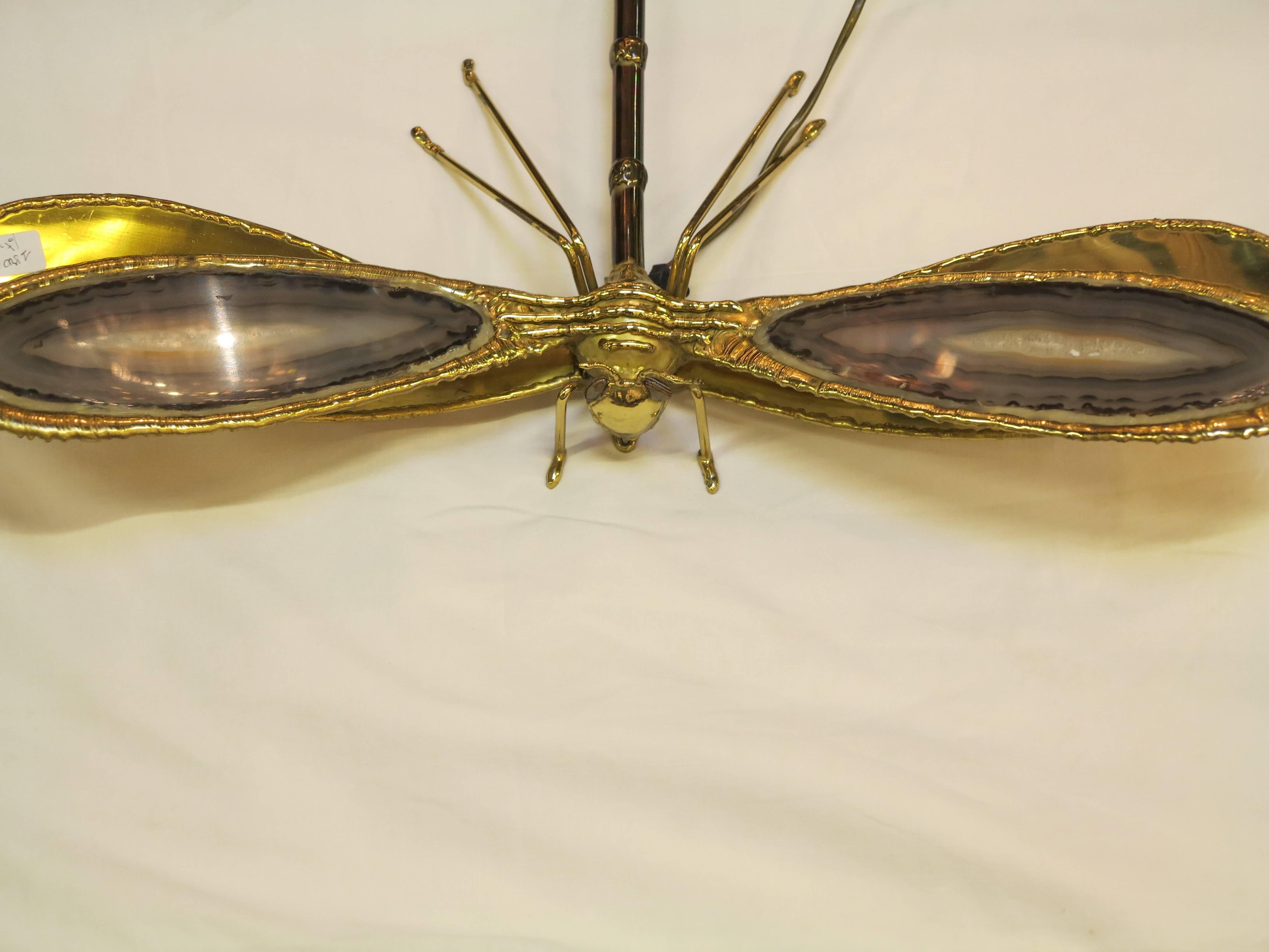 Art Deco 1970 Wall Lamp Dragonfly Duval Brasseur with Wings Agates