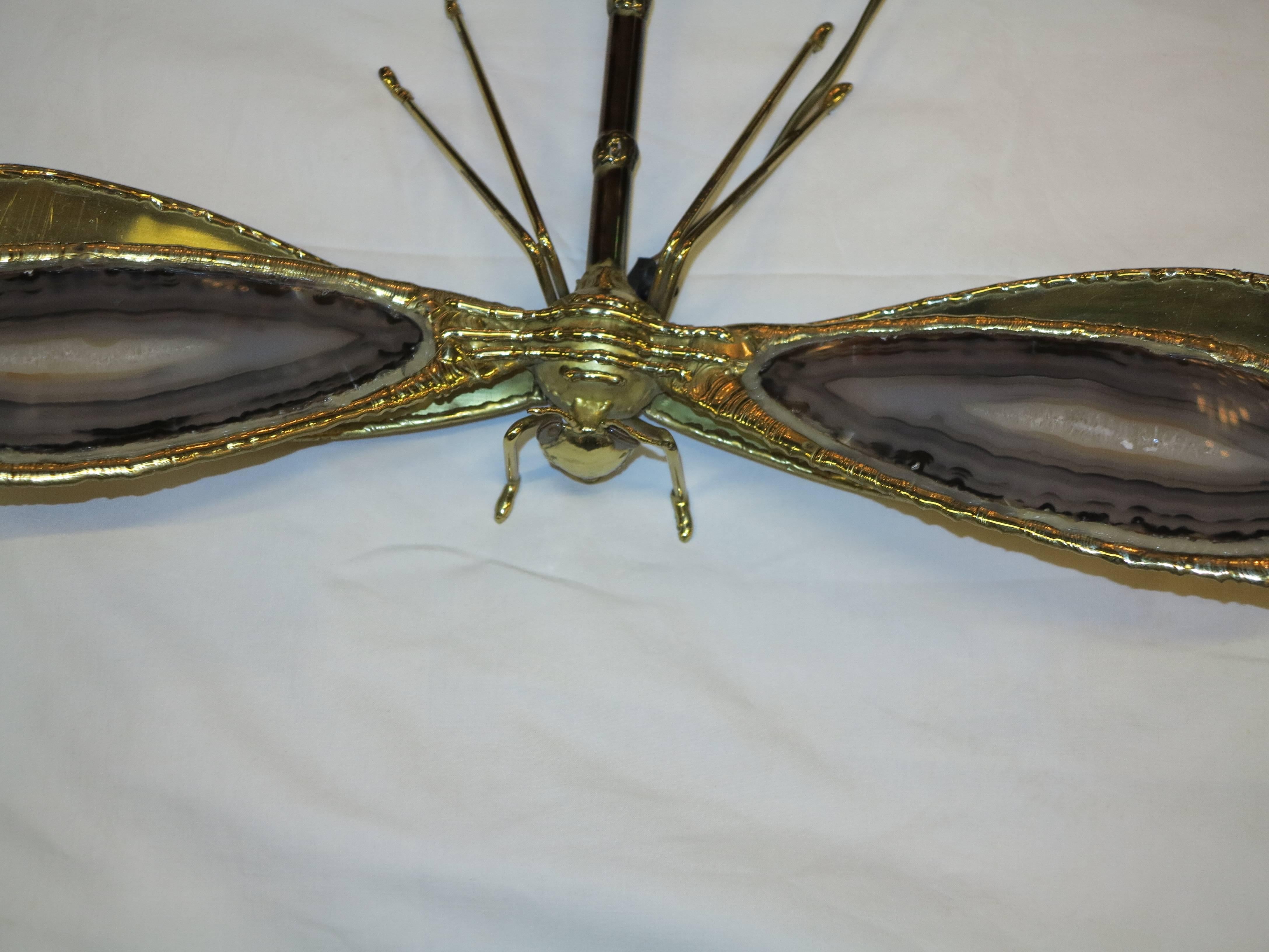 Gilt 1970 Wall Lamp Dragonfly Duval Brasseur with Wings Agates