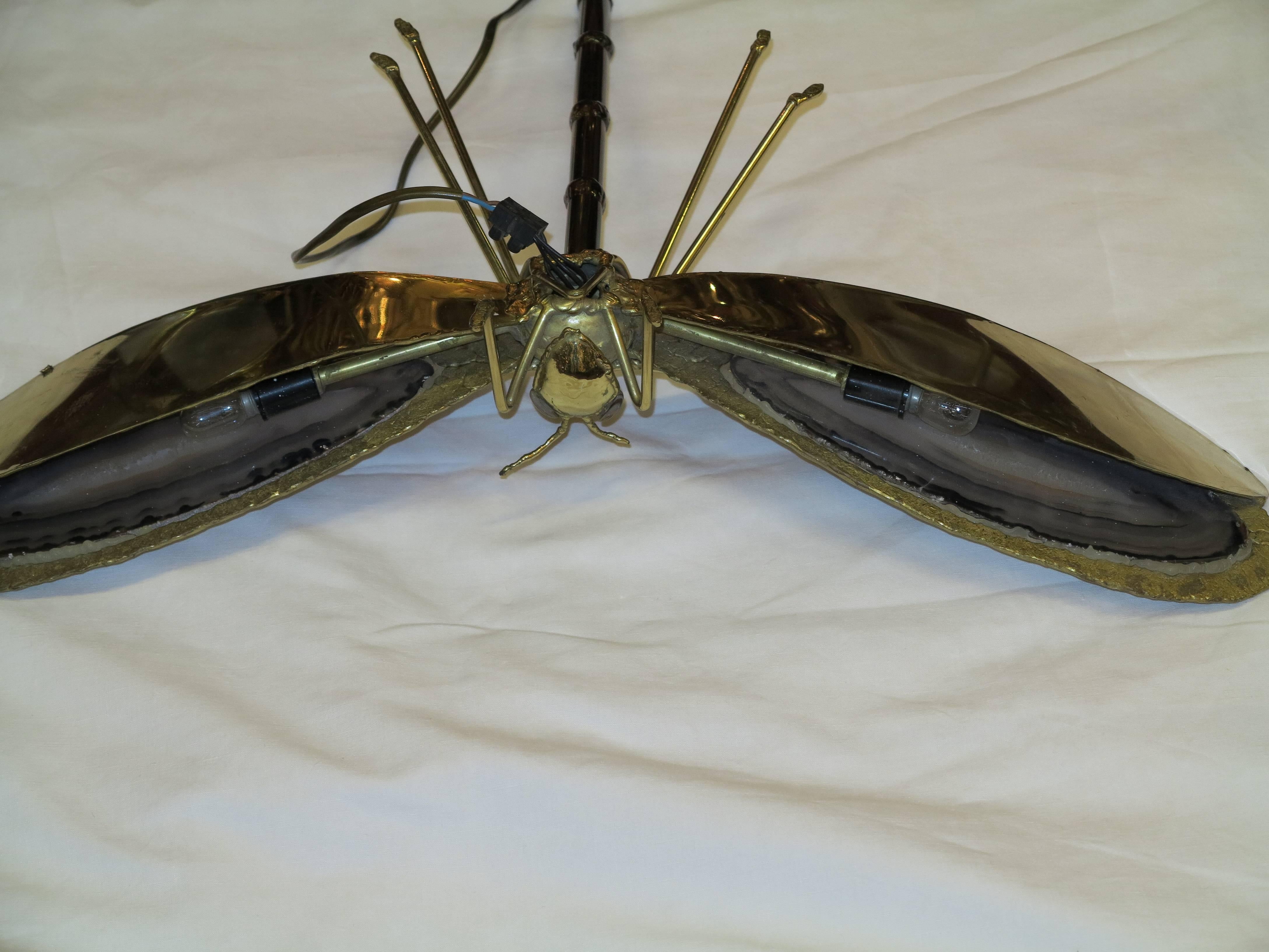 1970 Wall Lamp Dragonfly Duval Brasseur with Wings Agates In Good Condition In Paris, FR