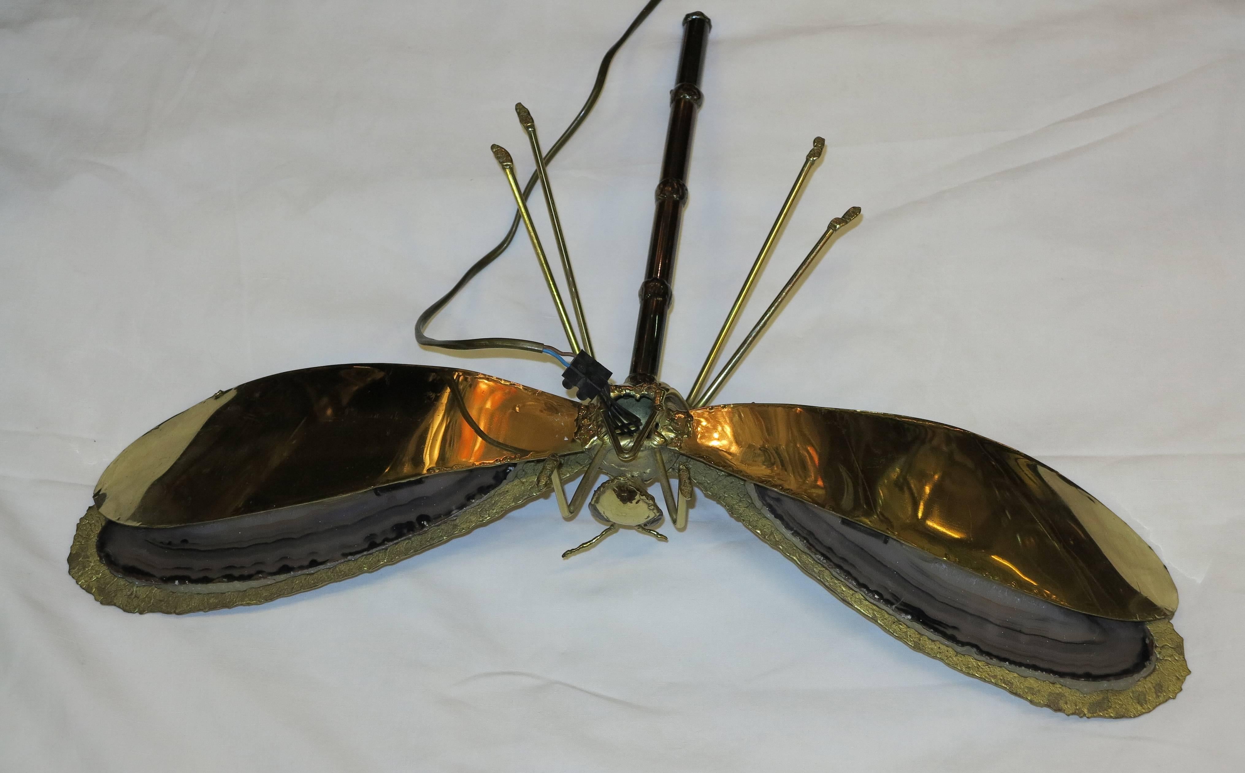 Bronze 1970 Wall Lamp Dragonfly Duval Brasseur with Wings Agates