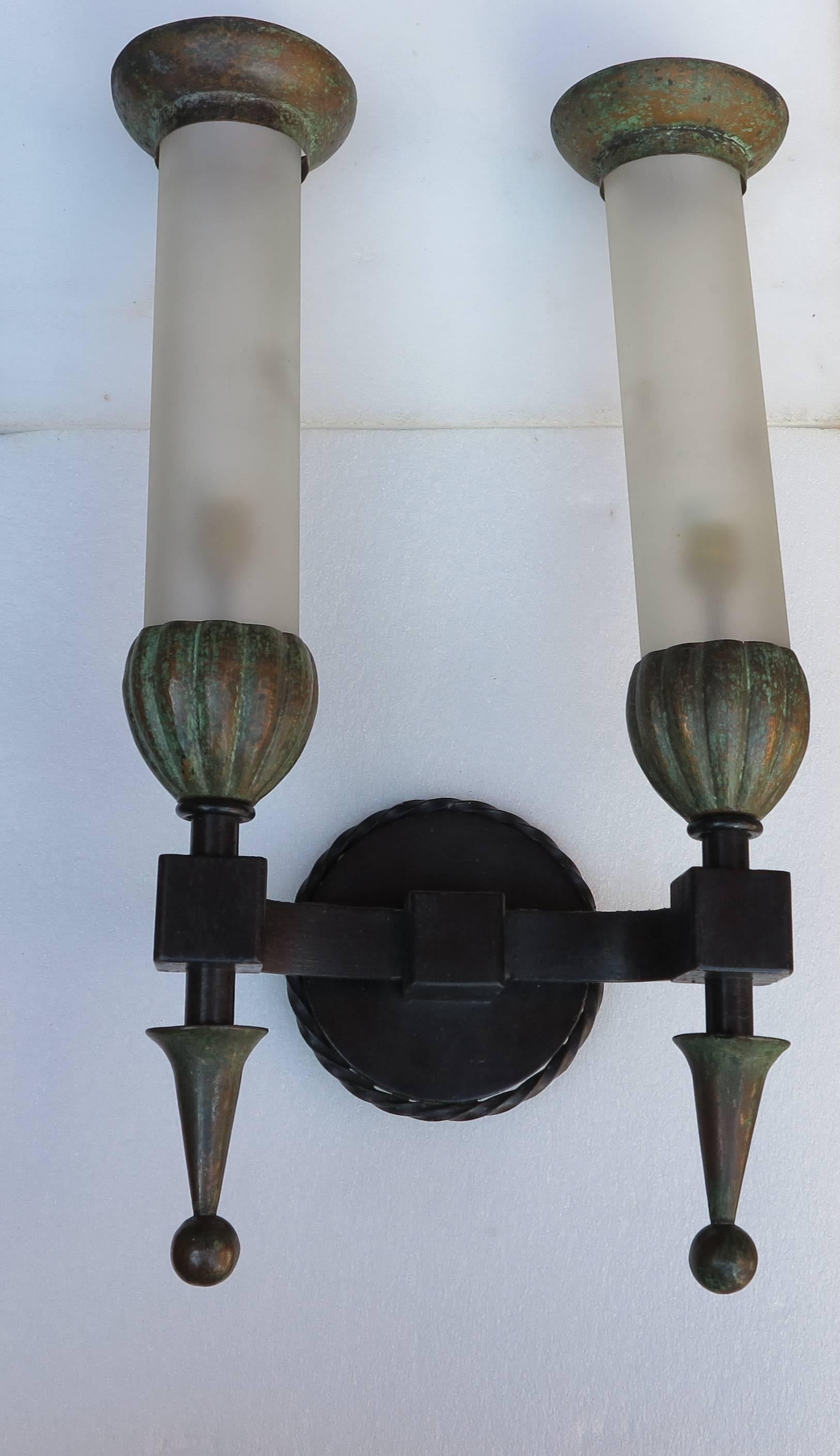 Art Deco 1950s Sconces Pair in the Style of Poillerat Iron and Copper and Sanded Glasses