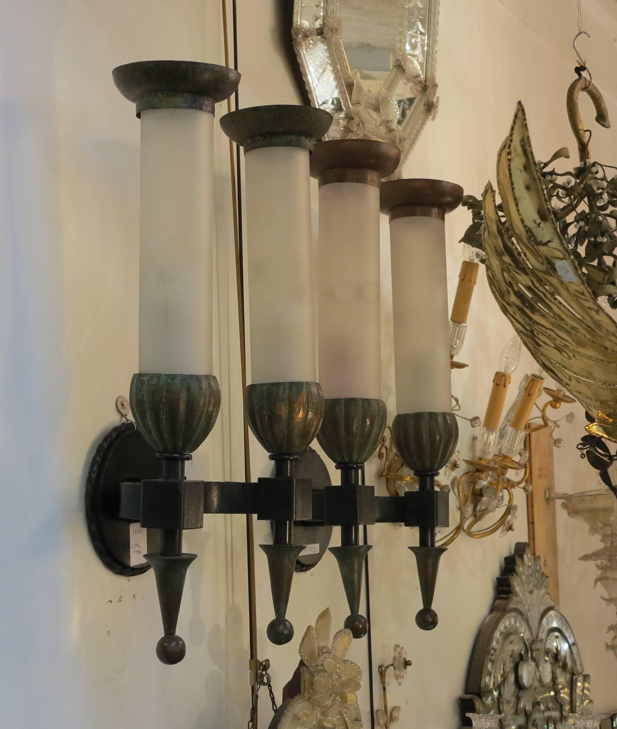 French 1950s Sconces Pair in the Style of Poillerat Iron and Copper and Sanded Glasses