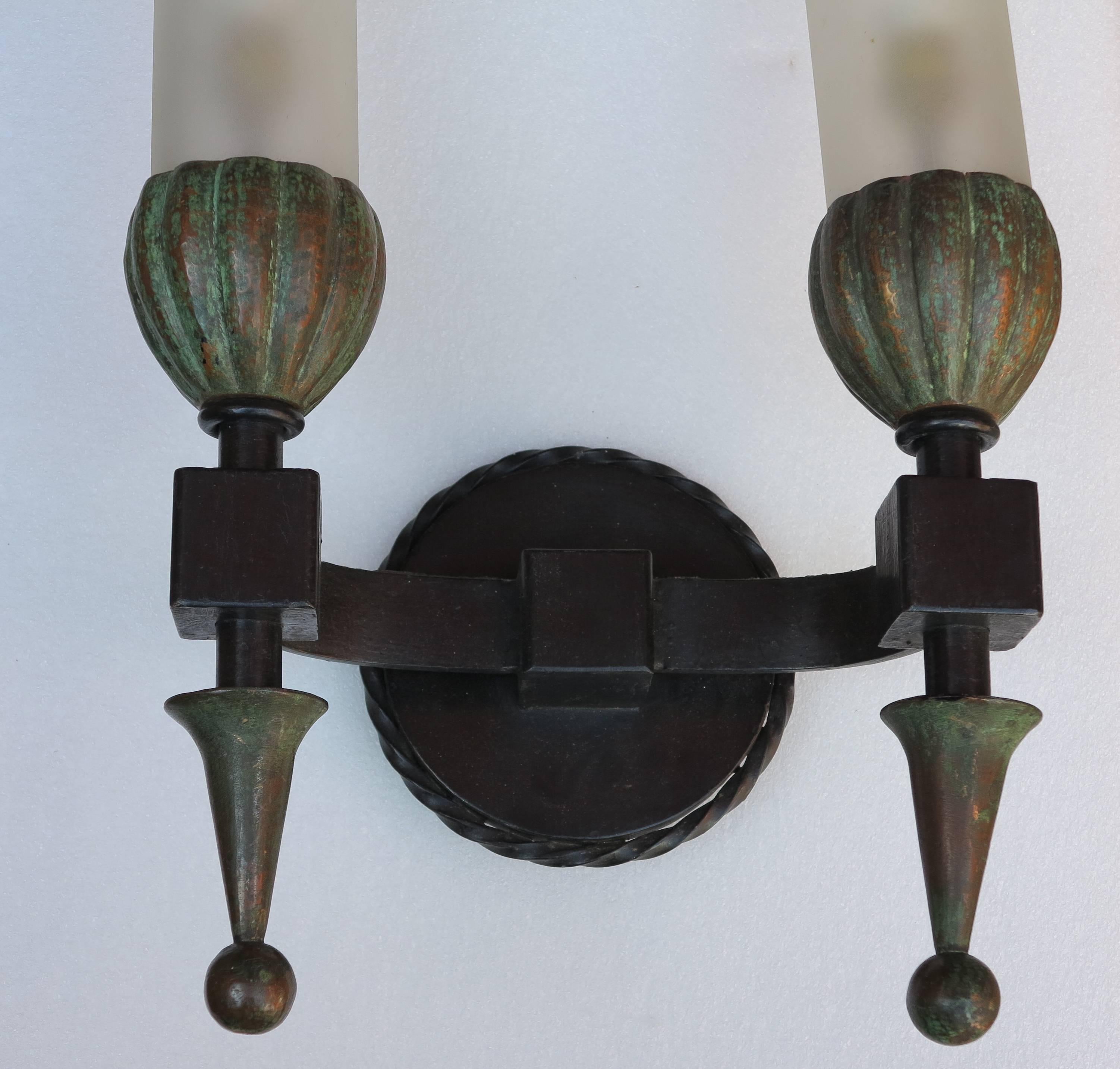 1950s Sconces Pair in the Style of Poillerat Iron and Copper and Sanded Glasses In Good Condition In Paris, FR
