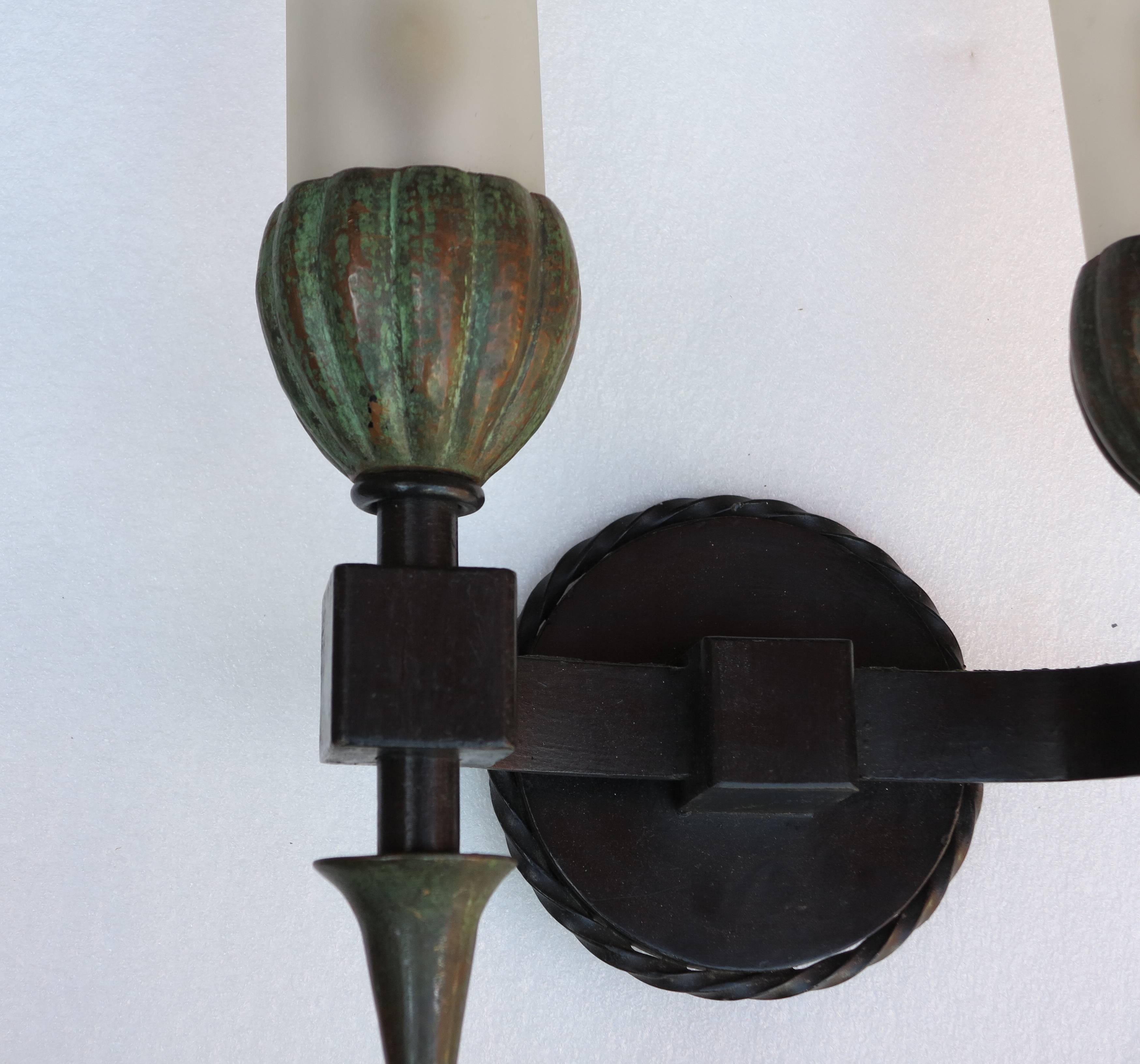 1950s Sconces Pair in the Style of Poillerat Iron and Copper and Sanded Glasses 2