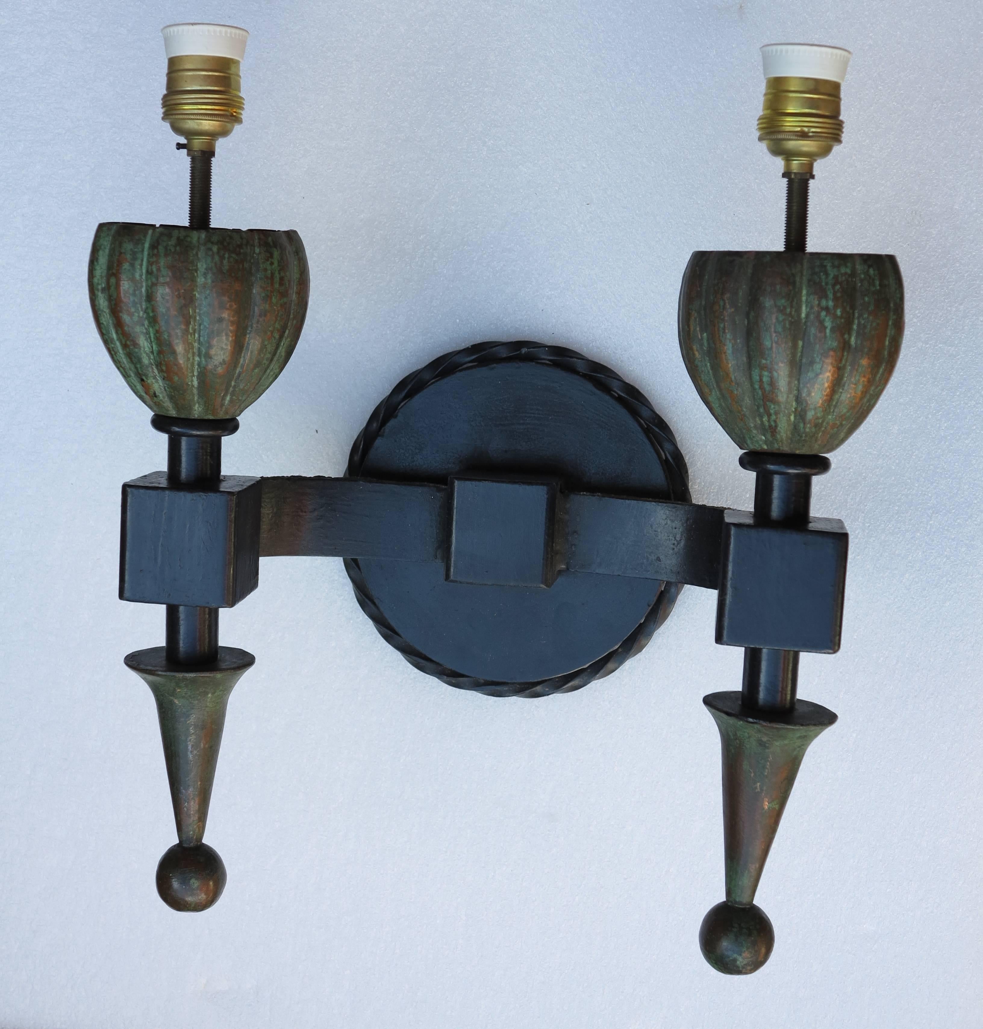 1950s Sconces Pair in the Style of Poillerat Iron and Copper and Sanded Glasses 3