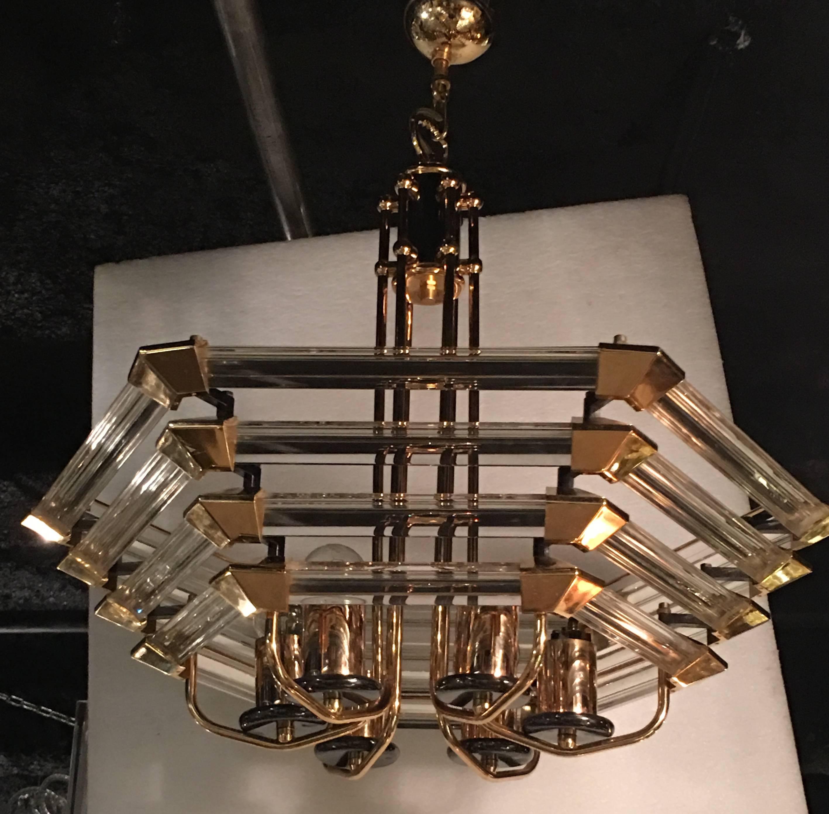 European 1970 Gilded Iron and Lucite Chandelier Shape Style Design Hexagonal Form