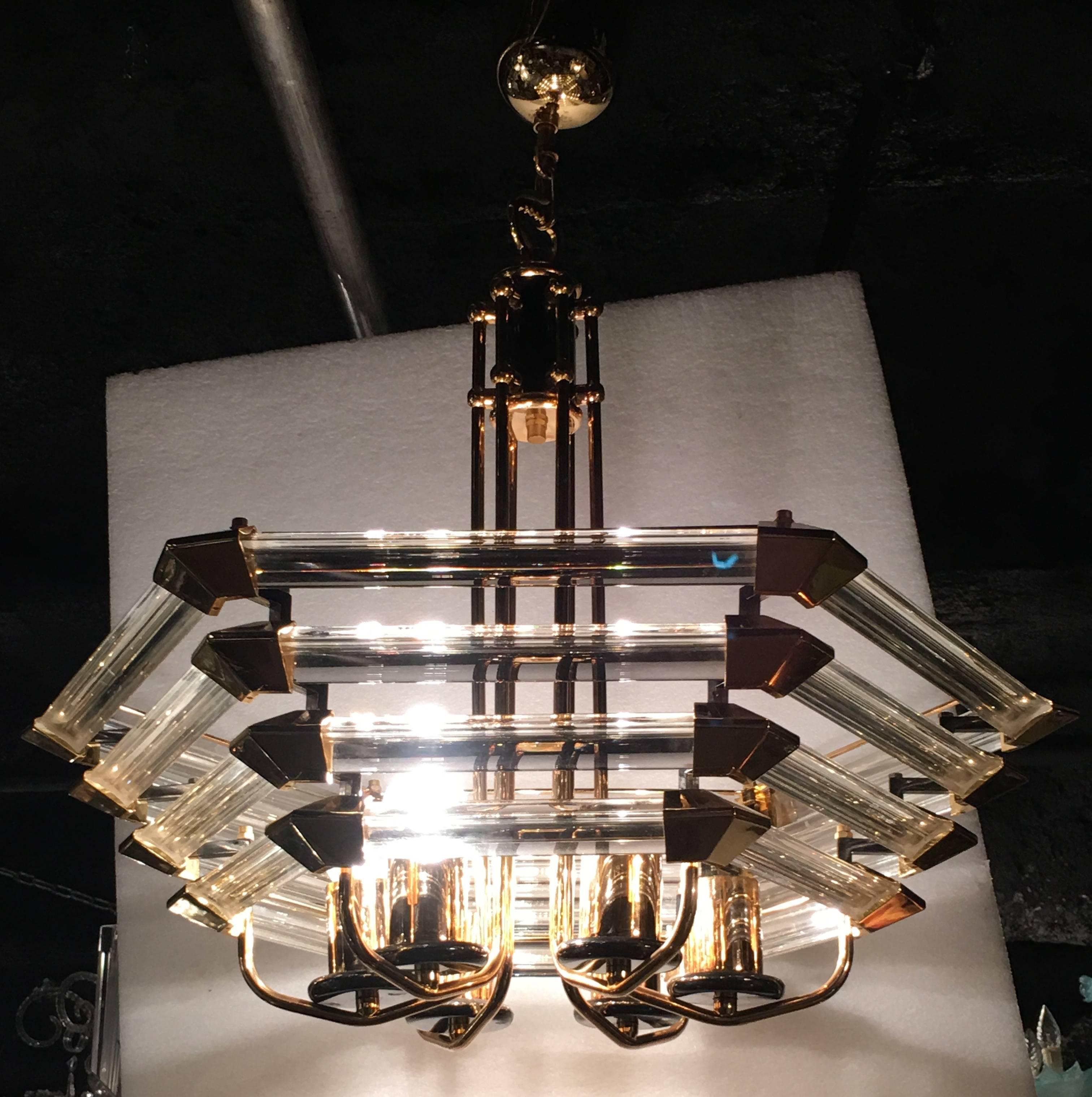 Polished 1970 Gilded Iron and Lucite Chandelier Shape Style Design Hexagonal Form
