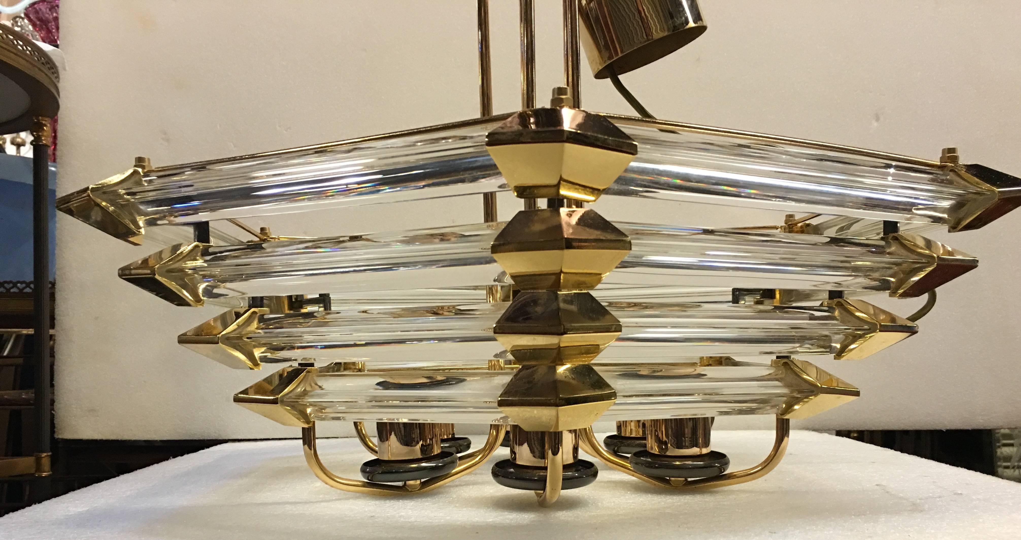 1970 Gilded Iron and Lucite Chandelier Shape Style Design Hexagonal Form In Good Condition In Paris, FR