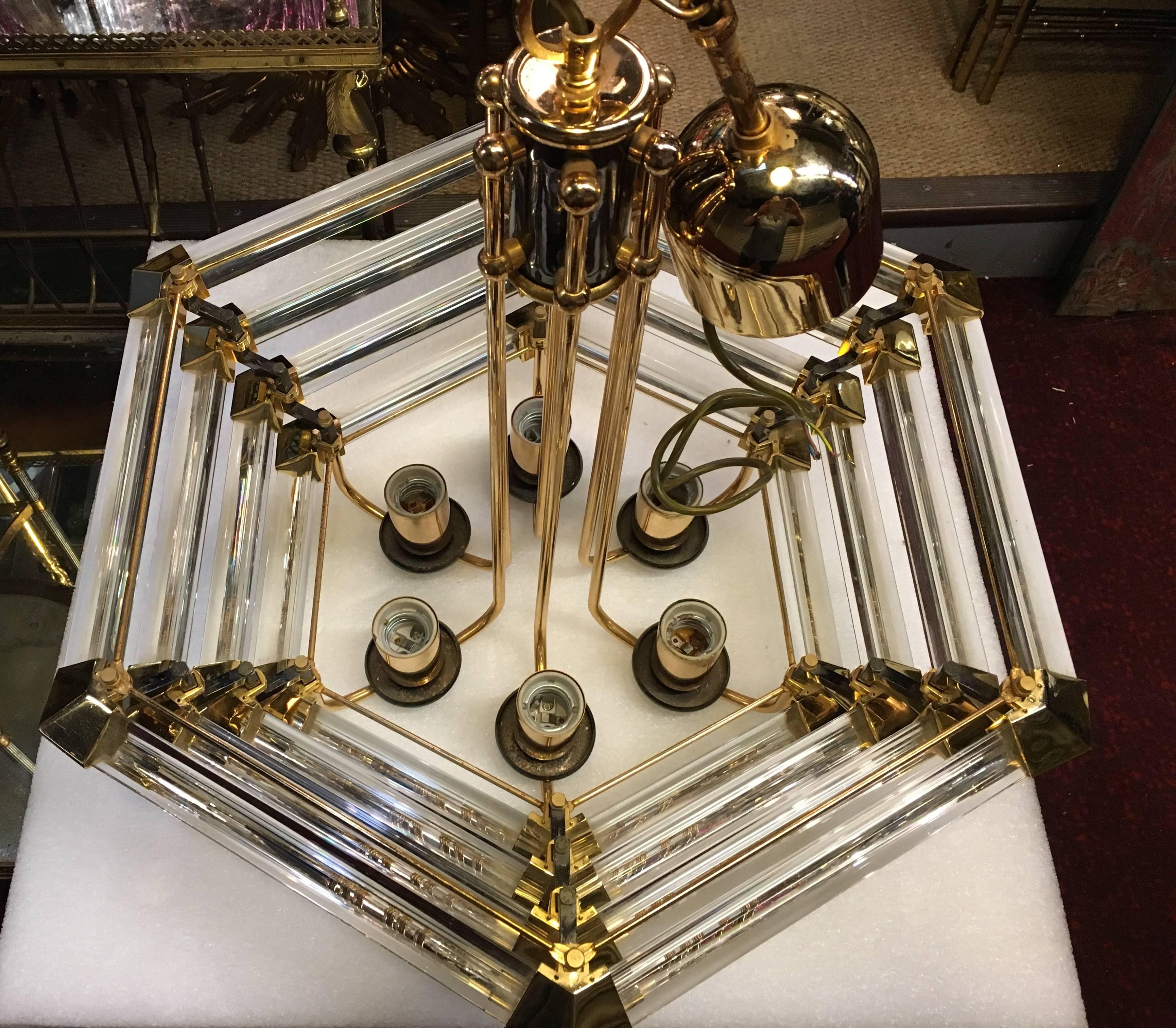 1970 Gilded Iron and Lucite Chandelier Shape Style Design Hexagonal Form 1