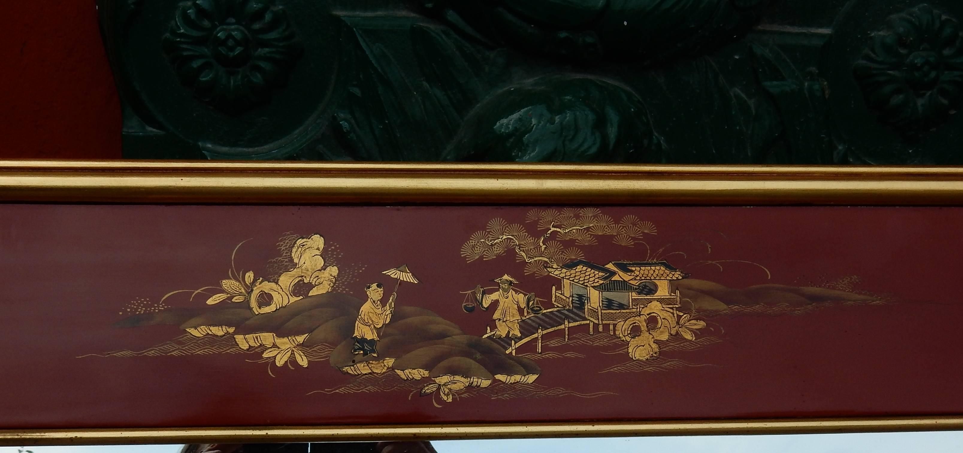 Chinoiserie 1950 Framed Mirror China Lacquered Characters