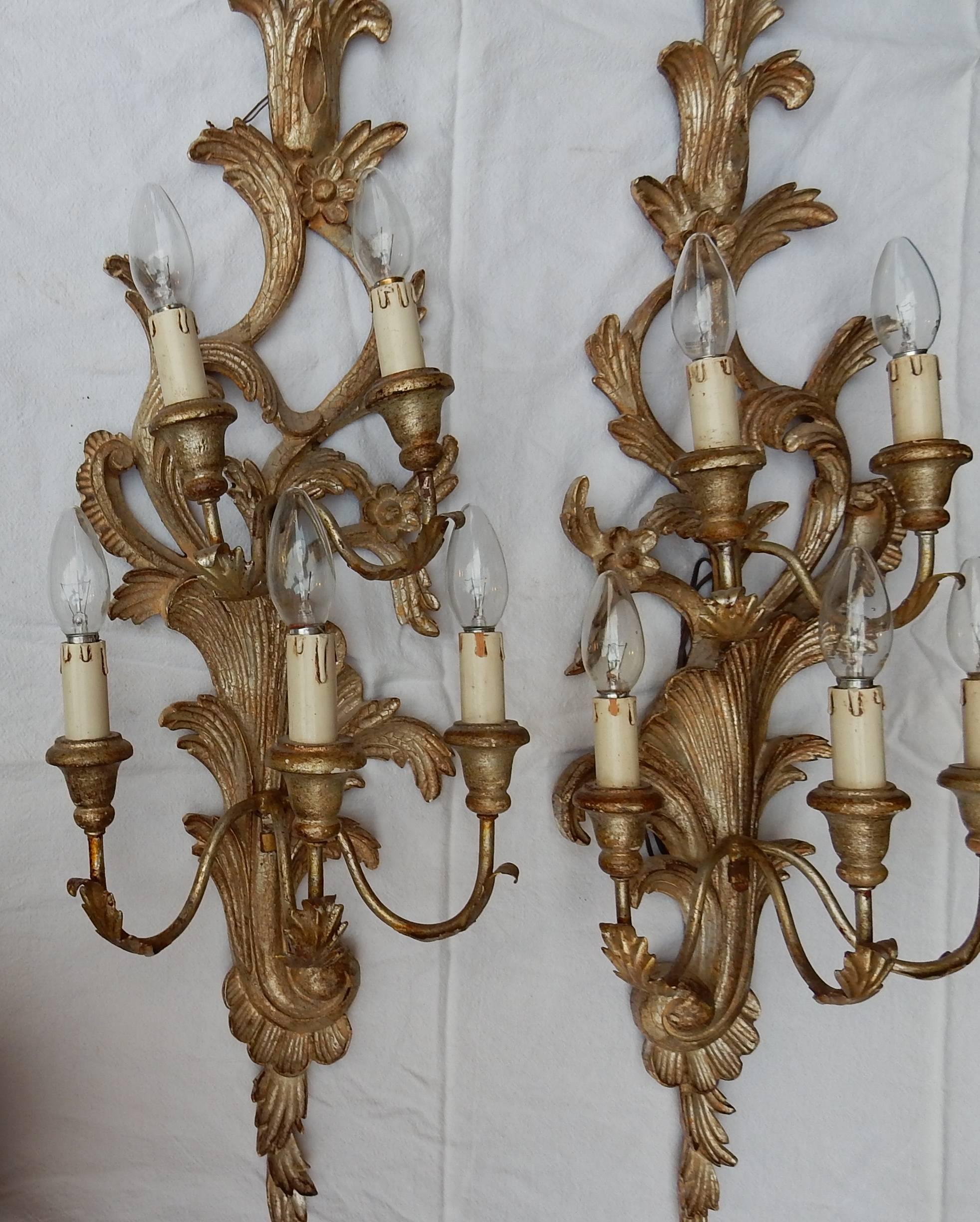 Late 20th Century 1950s to 1970s Era Pair of Sconces Silvered Wood in the Style of Louis XV  For Sale