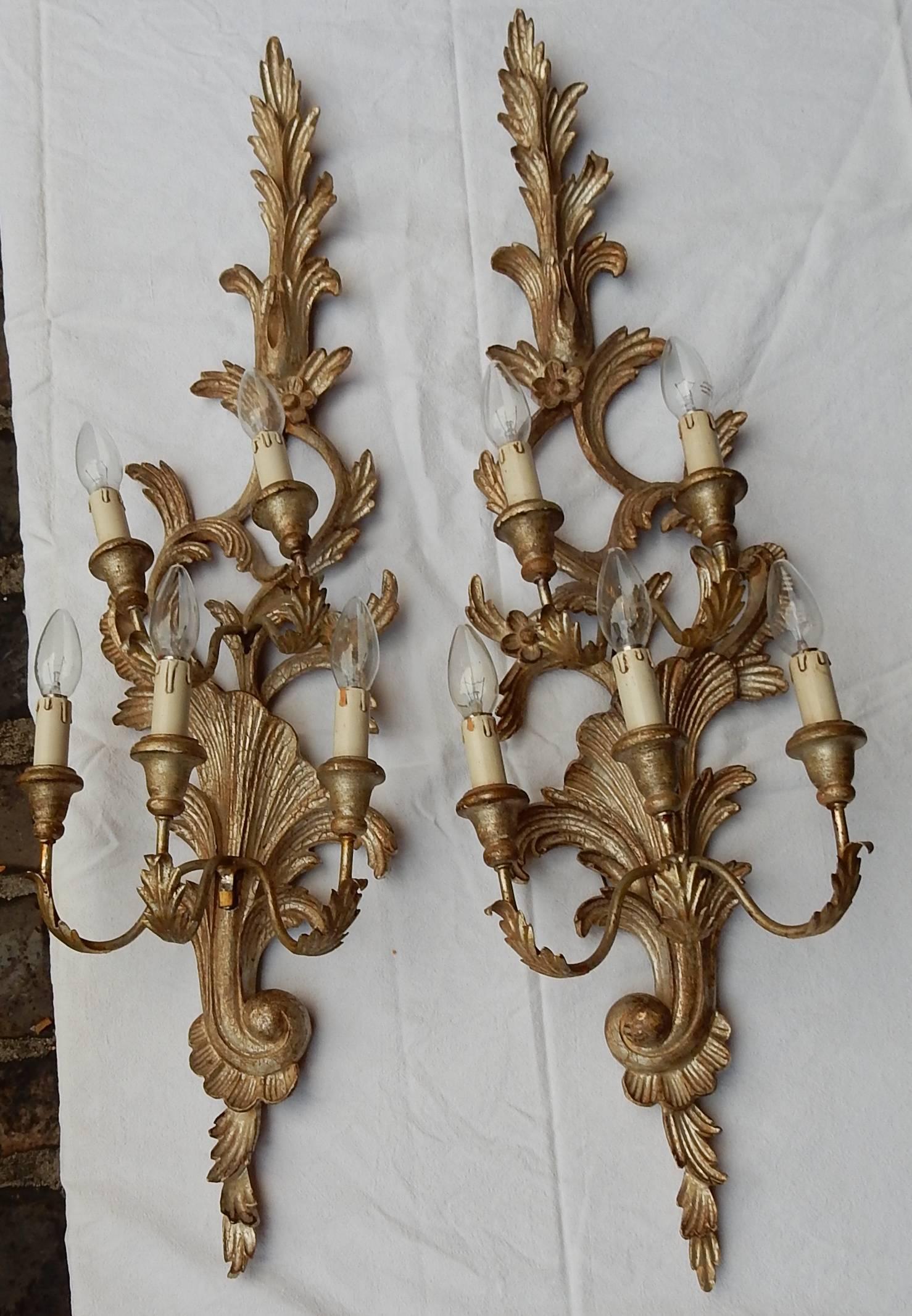 French 1950s to 1970s Era Pair of Sconces Silvered Wood in the Style of Louis XV  For Sale