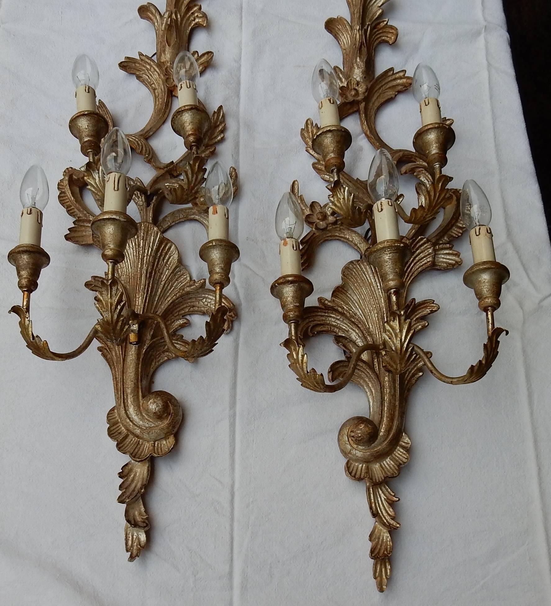 Pair of silvered wooden wall lamps, five bulbs,circa 1950s to 1970s, good condition
