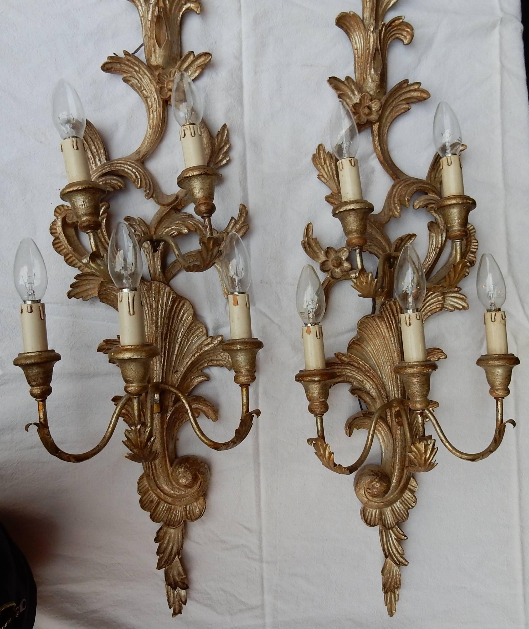 1950s to 1970s Era Pair of Sconces Silvered Wood in the Style of Louis XV  For Sale 2