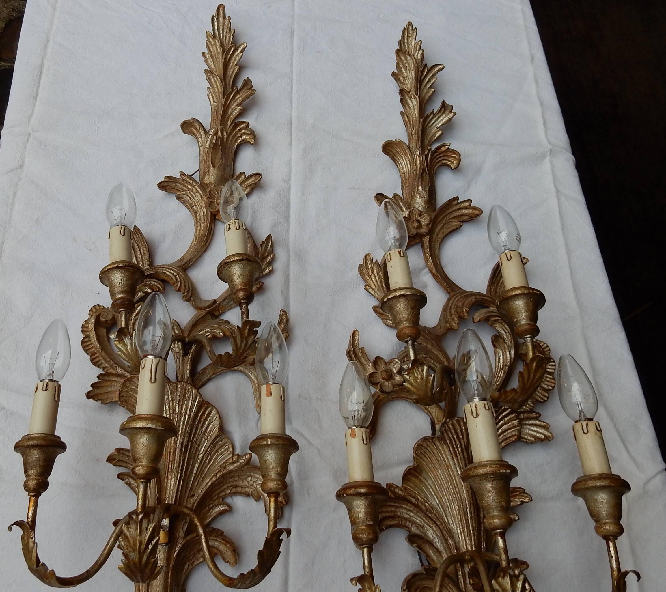 1950s to 1970s Era Pair of Sconces Silvered Wood in the Style of Louis XV  For Sale 3