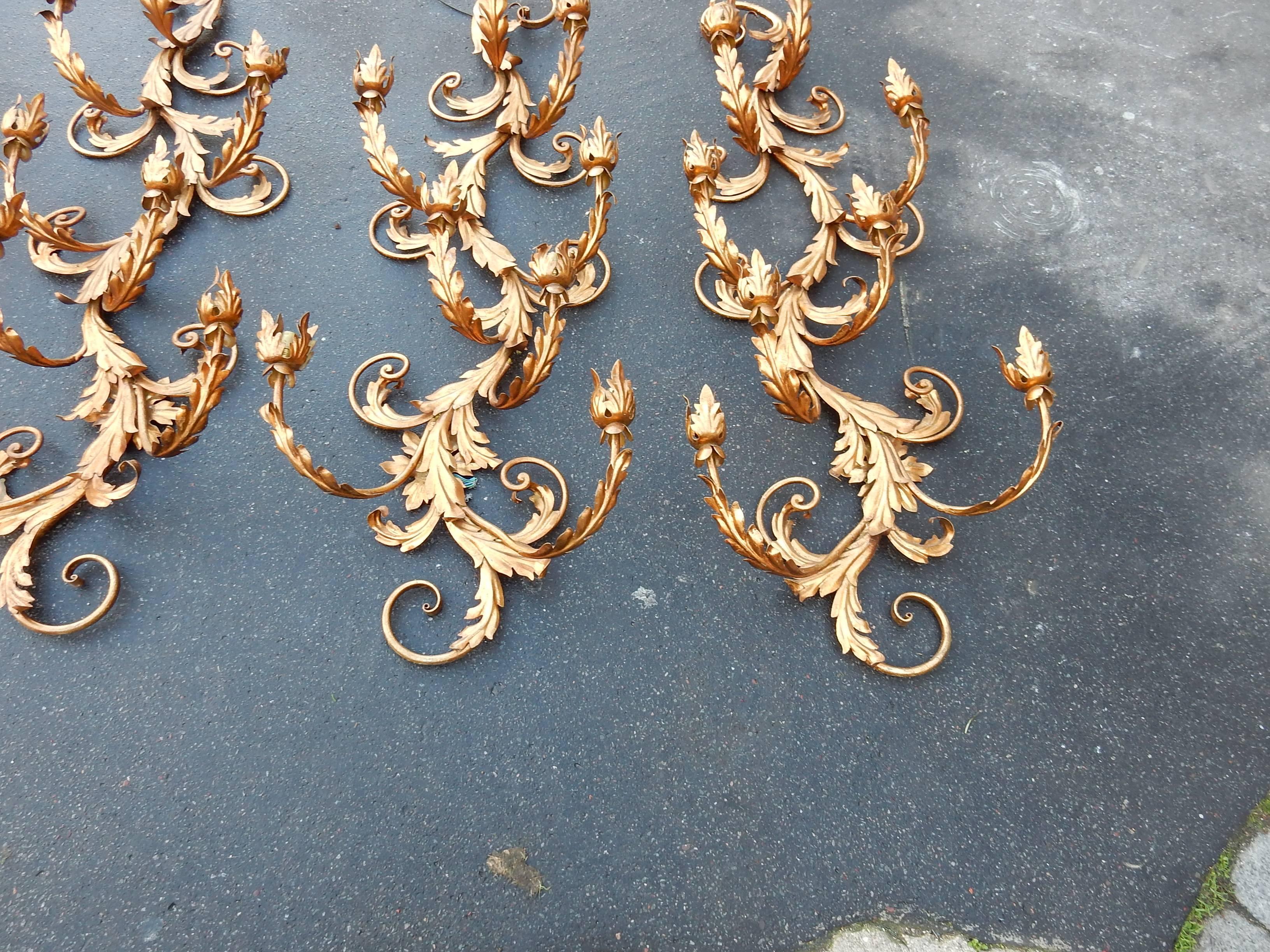 Gilt 1970 Two Pairs of Wall Lamps Gilded Flowers and Foliage Iron, Two Bulbs For Sale