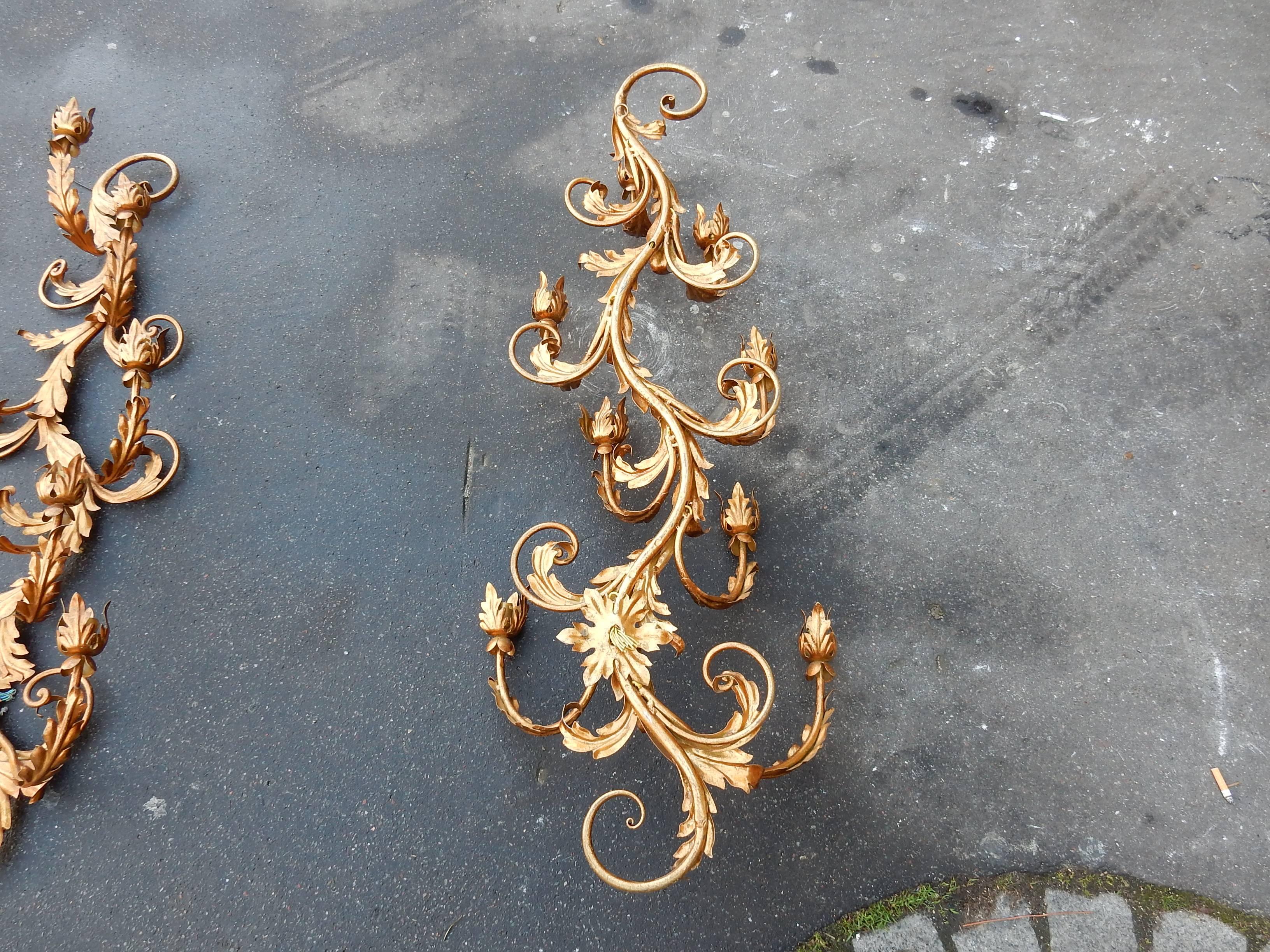 Neoclassical 1970 Two Pairs of Wall Lamps Gilded Flowers and Foliage Iron, Two Bulbs For Sale