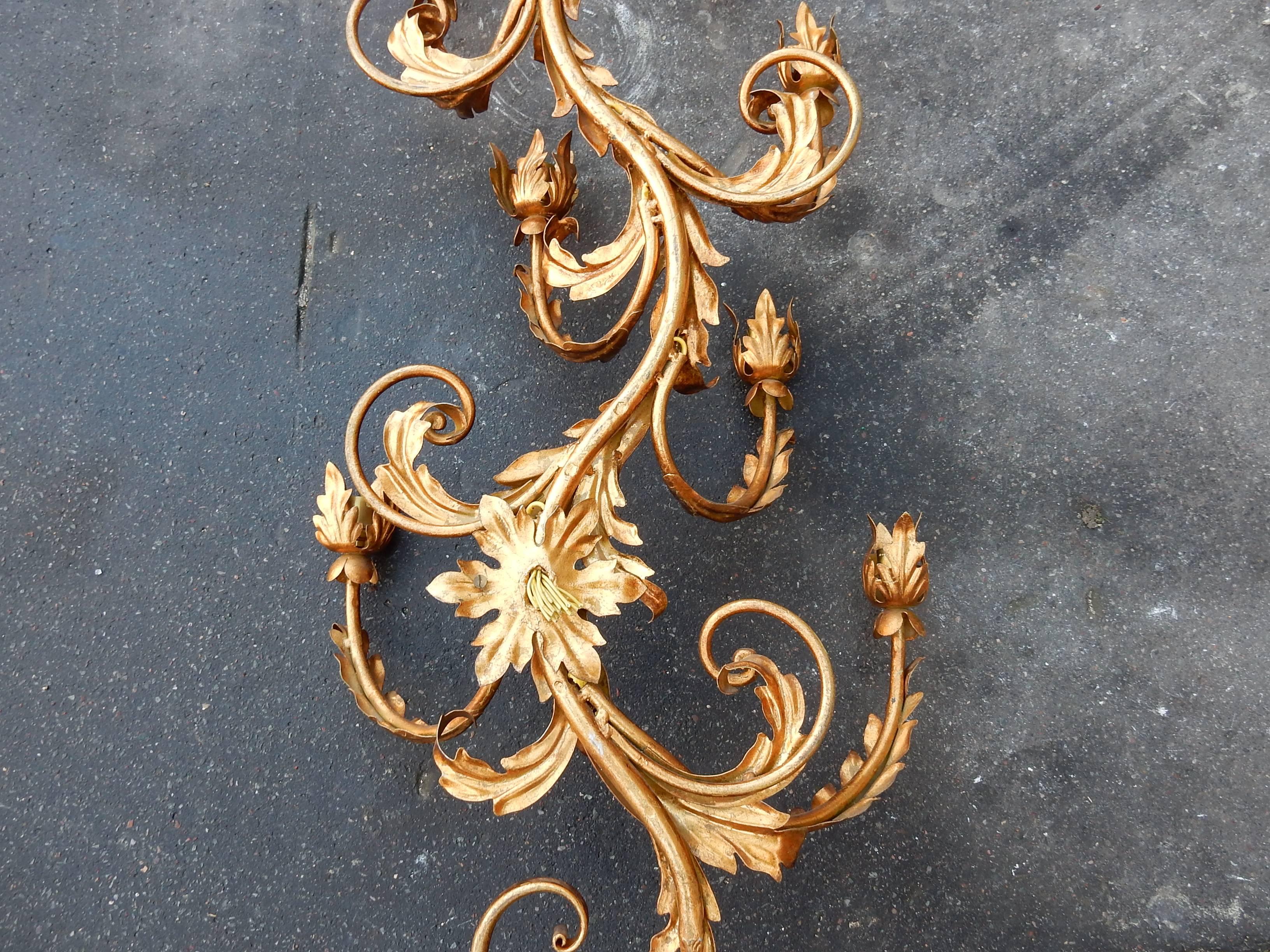 Late 20th Century 1970 Two Pairs of Wall Lamps Gilded Flowers and Foliage Iron, Two Bulbs For Sale