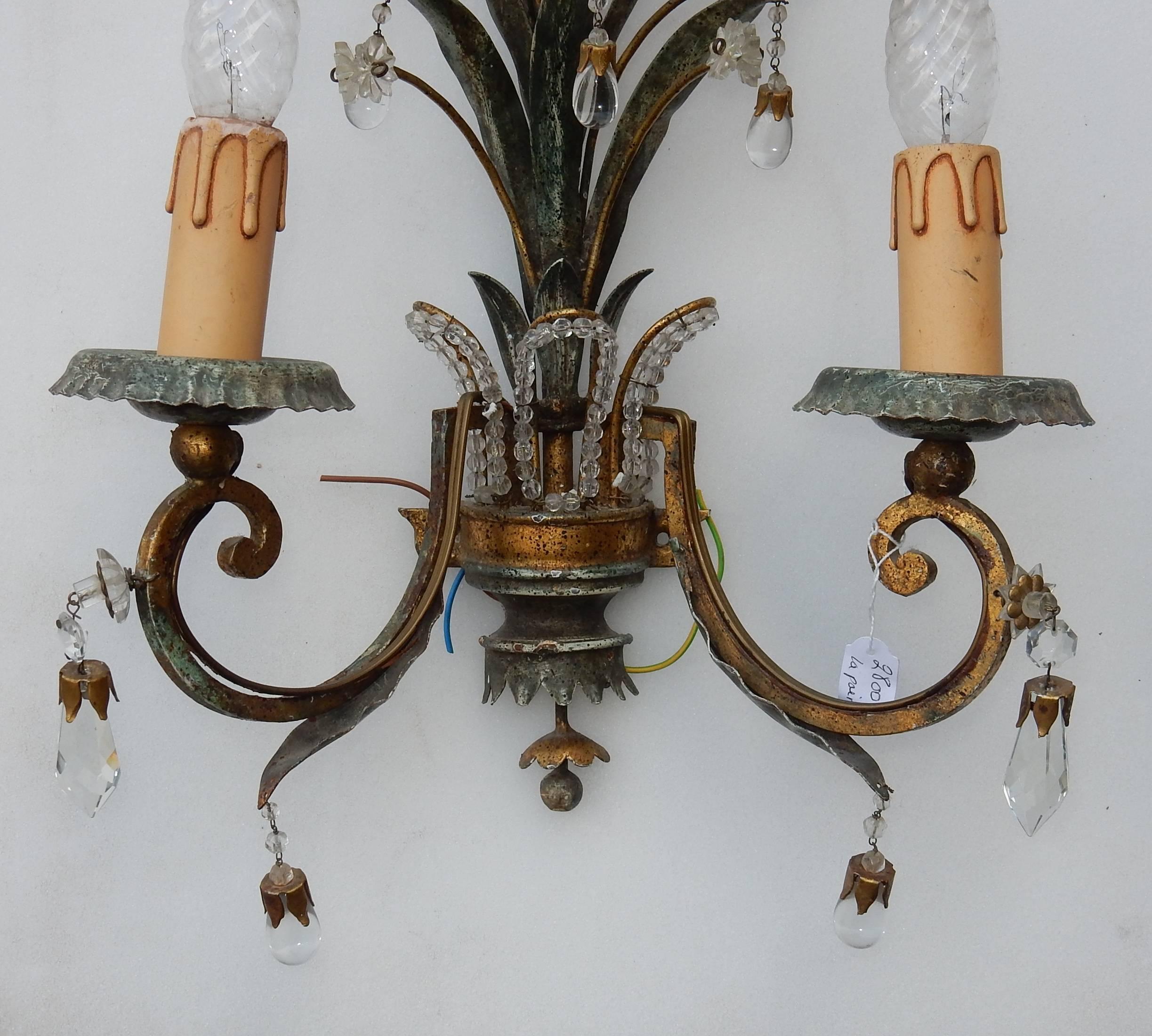 1950-1970 Pair of Sconces with Pineapple Leaves in the Style of Maison Baguès In Good Condition For Sale In Paris, FR