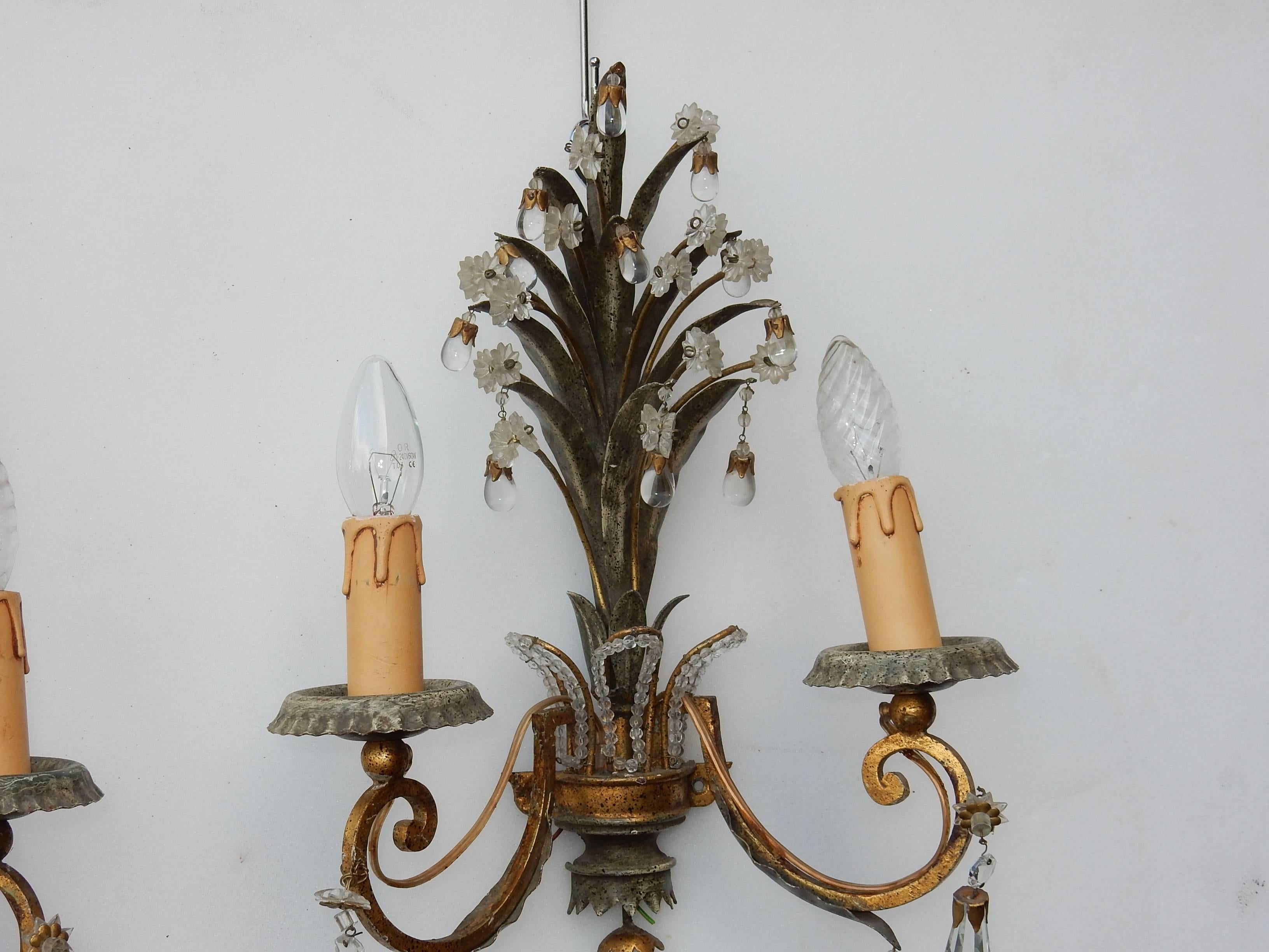 Iron 1950-1970 Pair of Sconces with Pineapple Leaves in the Style of Maison Baguès For Sale