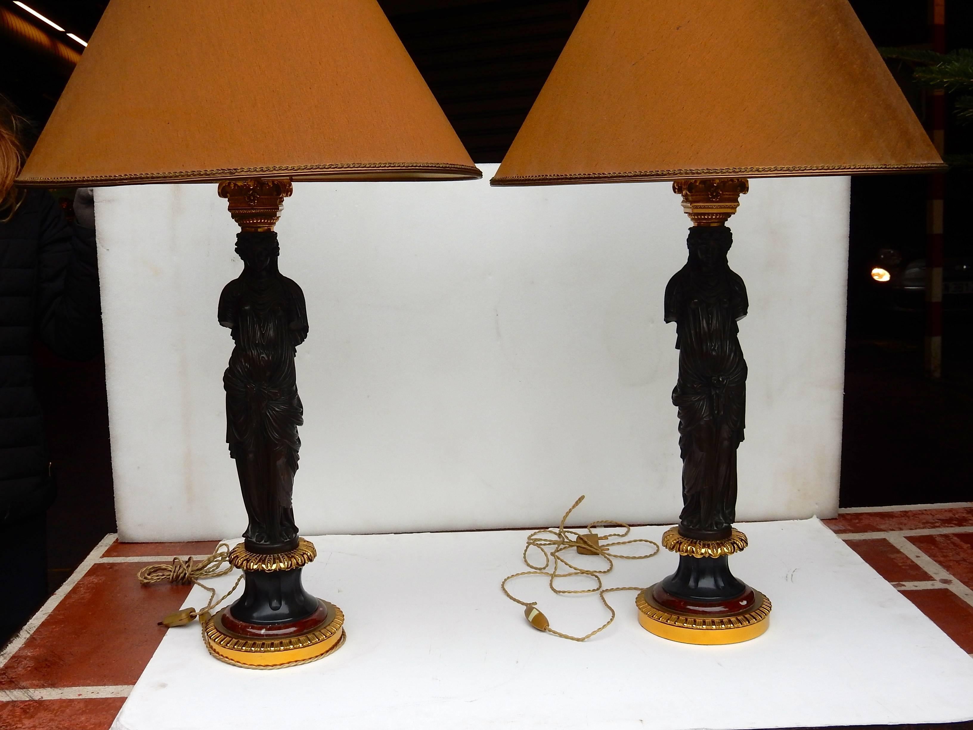 French 1880 Pair of Bronze Lamps at the Vestals