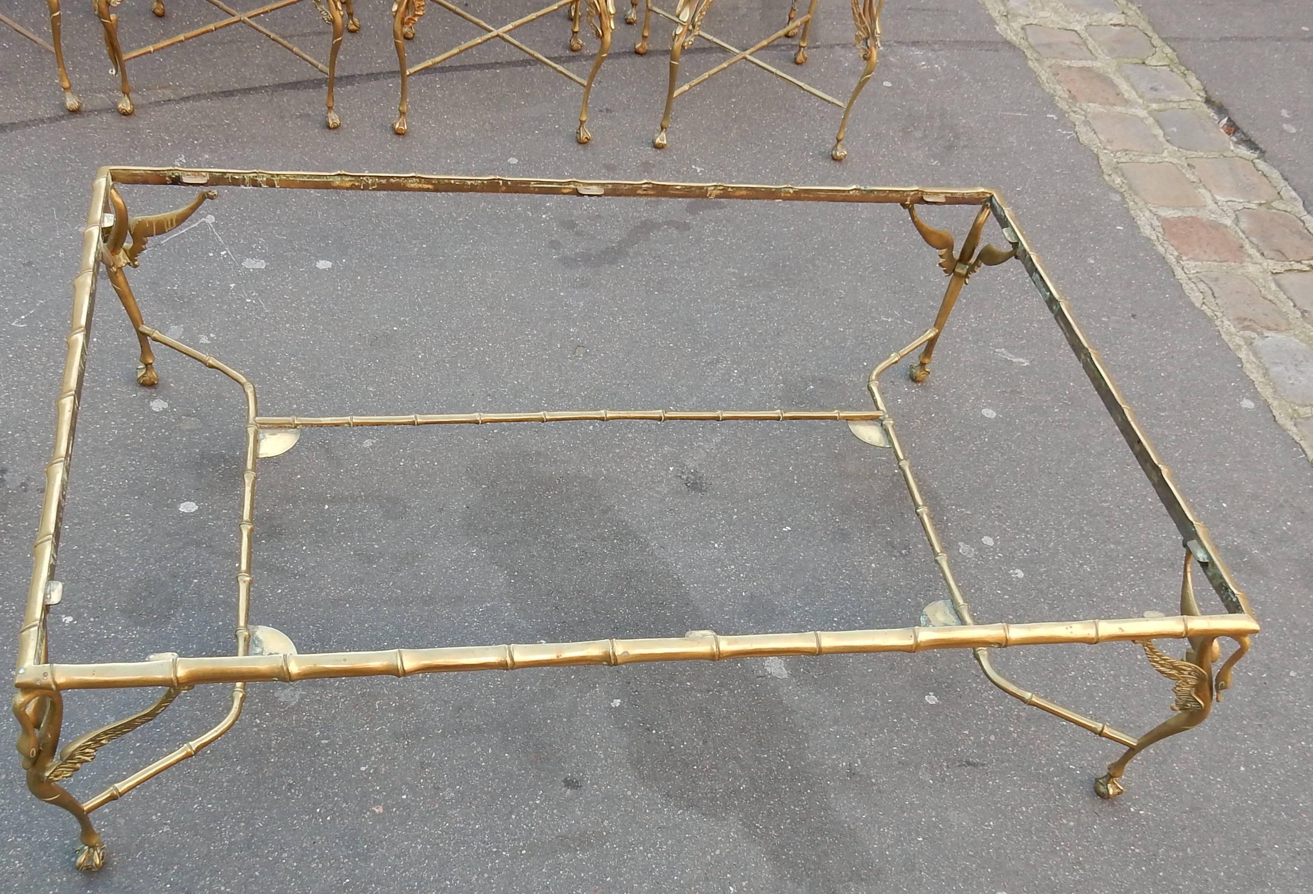 Patinated 1950-1970 Bronze Coffee Table with Swans and Its Six Pieces of Sofas Signed GAD  For Sale