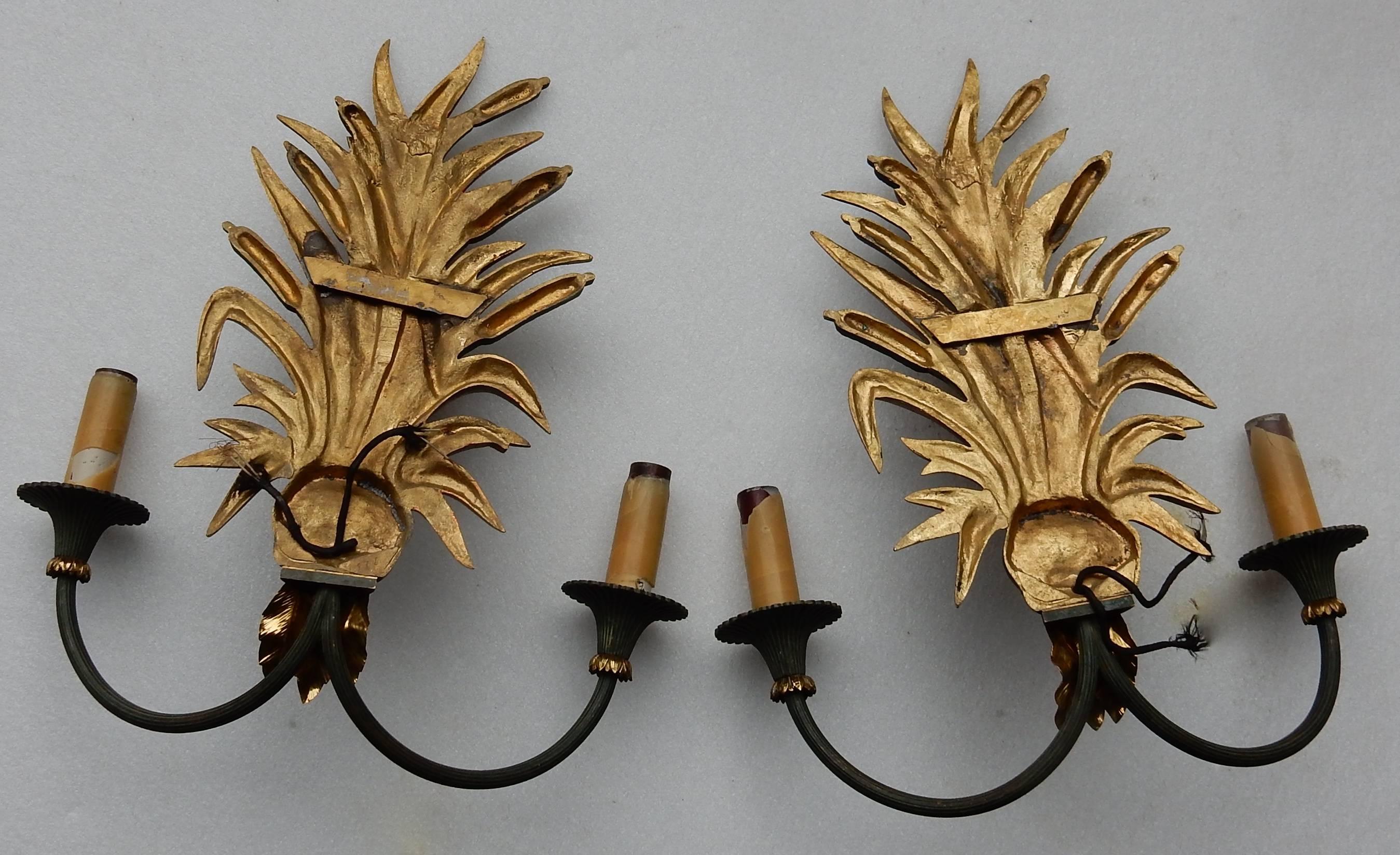 Art Deco 1950-1970 Pair of Sconces to Reeds in Bronze By Maison Charles
