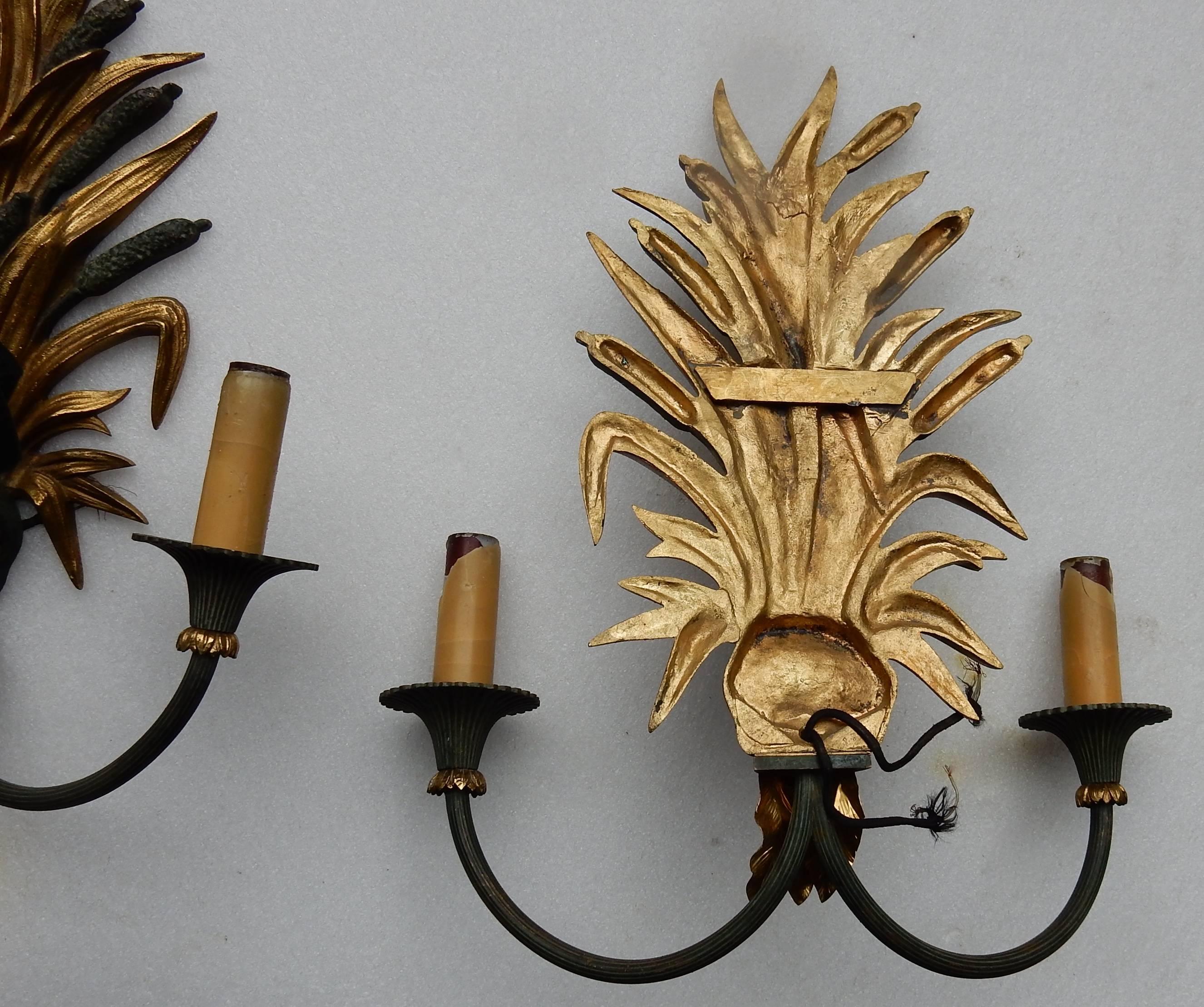 French 1950-1970 Pair of Sconces to Reeds in Bronze By Maison Charles