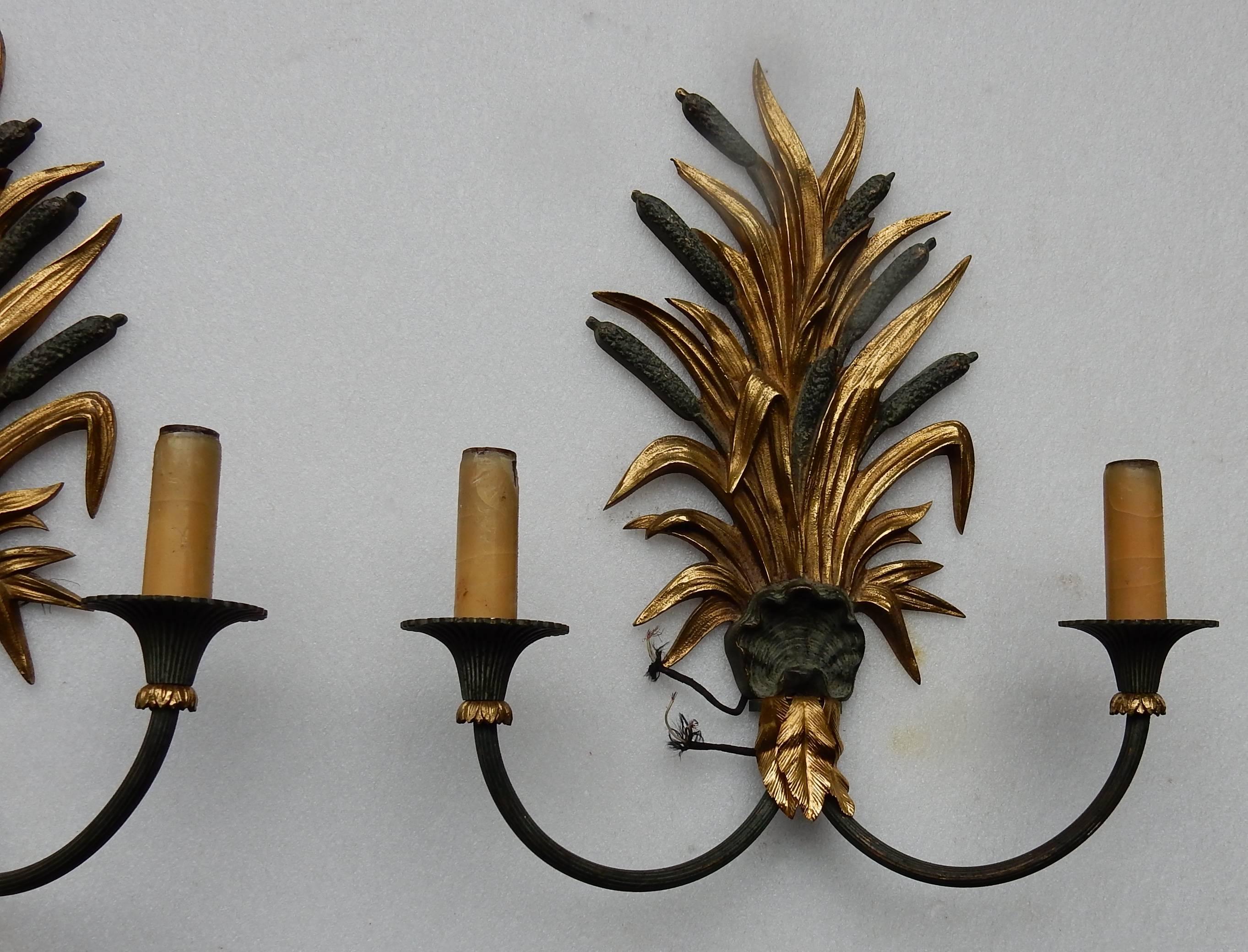 Gilt 1950-1970 Pair of Sconces to Reeds in Bronze By Maison Charles