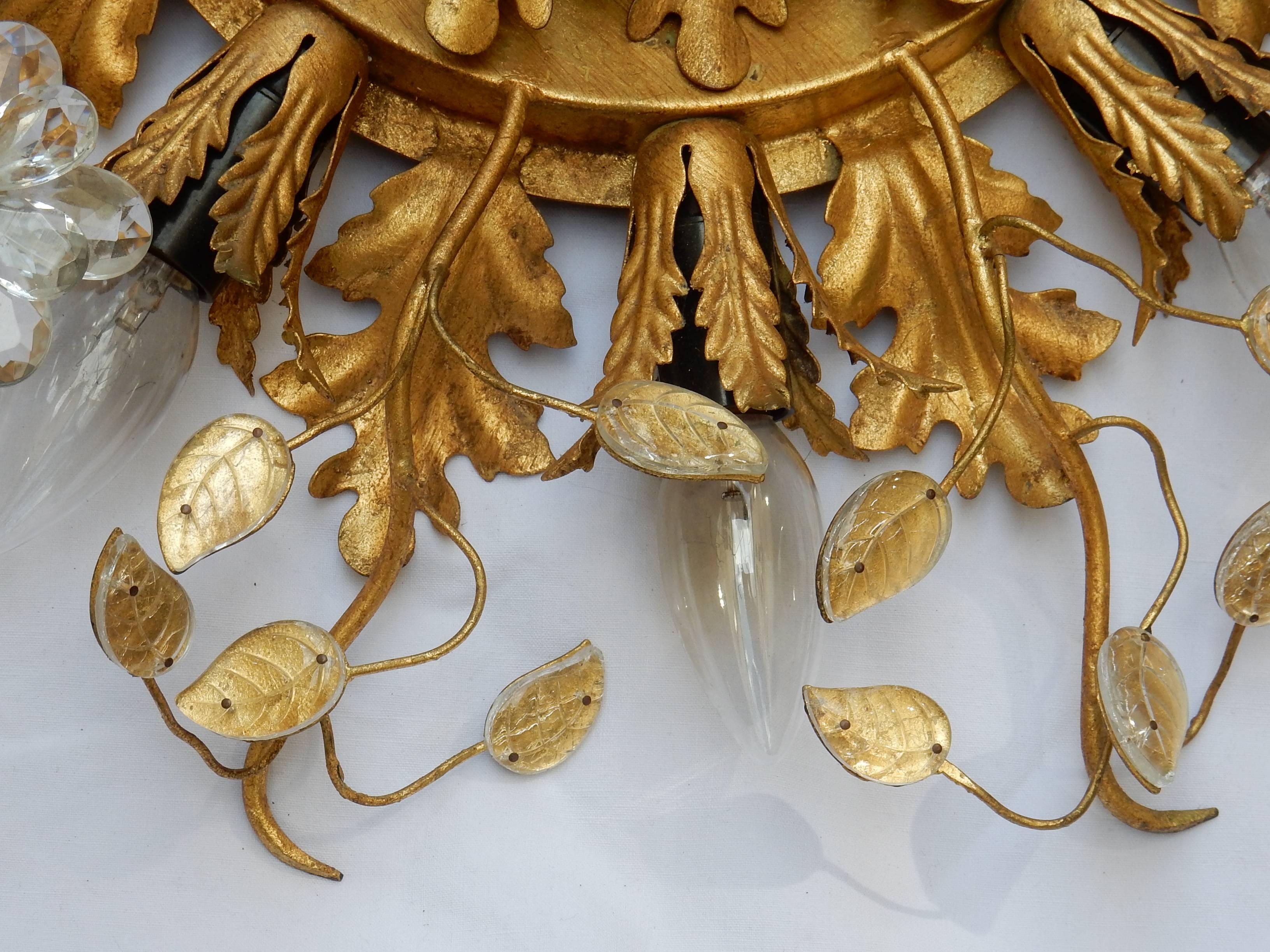 Iron 1950-1970 Ceiling Light Has Floral Decoration in the Style of Maison Baguès