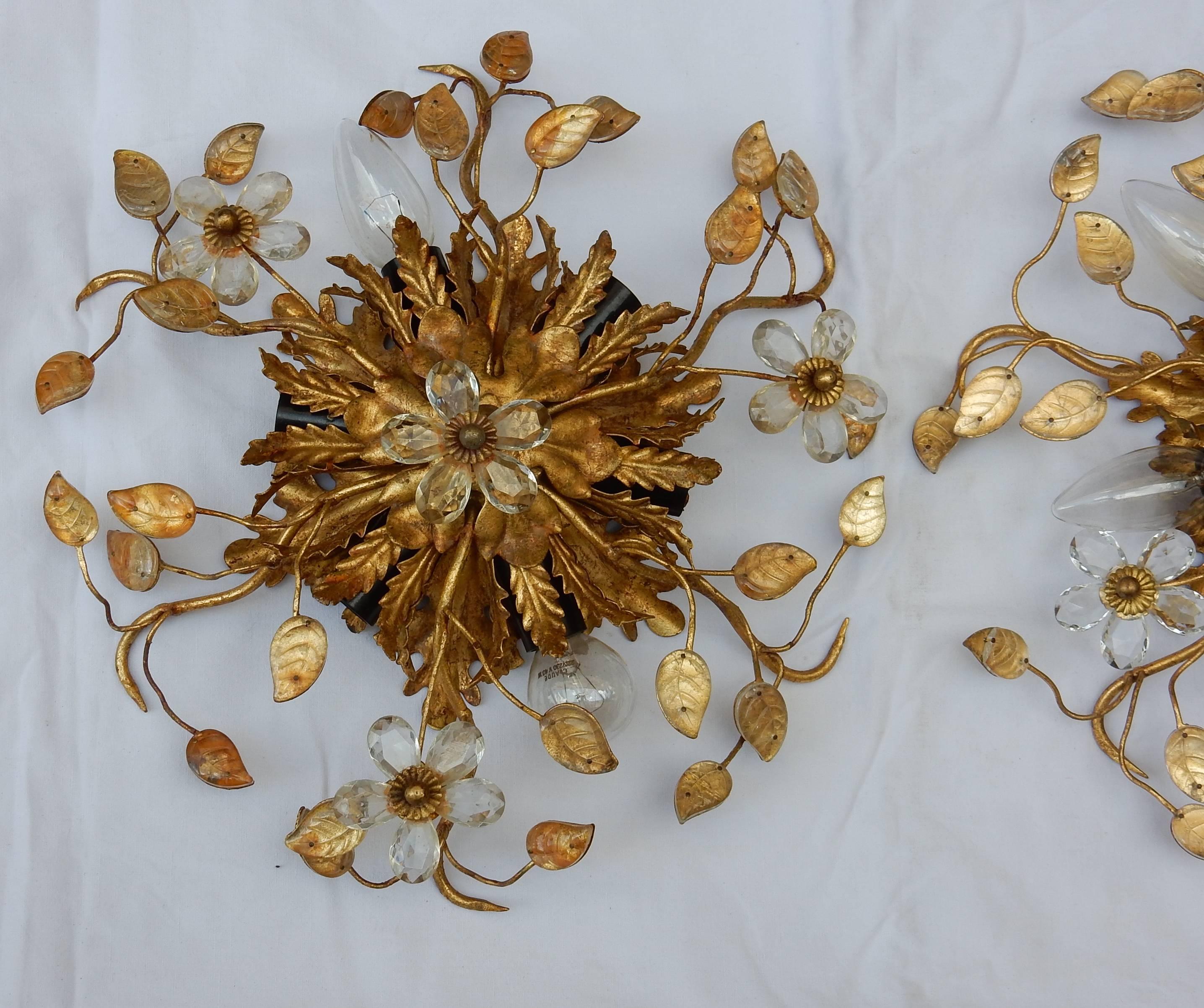 Gilt Pair of Ceiling Lights Has Floral Decoration in the Style of Maison Bagués