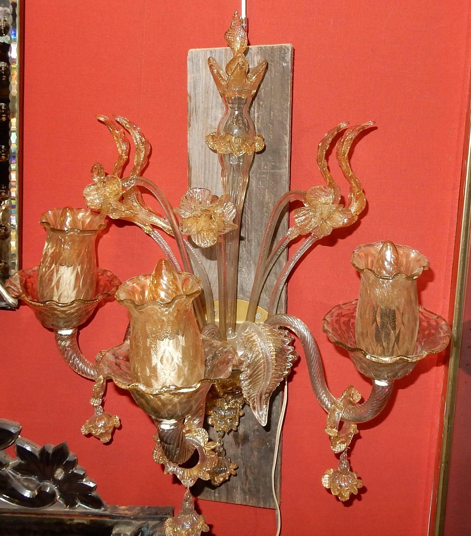 Italian Pair of Sconces of Light, Crystal of Murano with Gold Inside, 1950-1970 For Sale